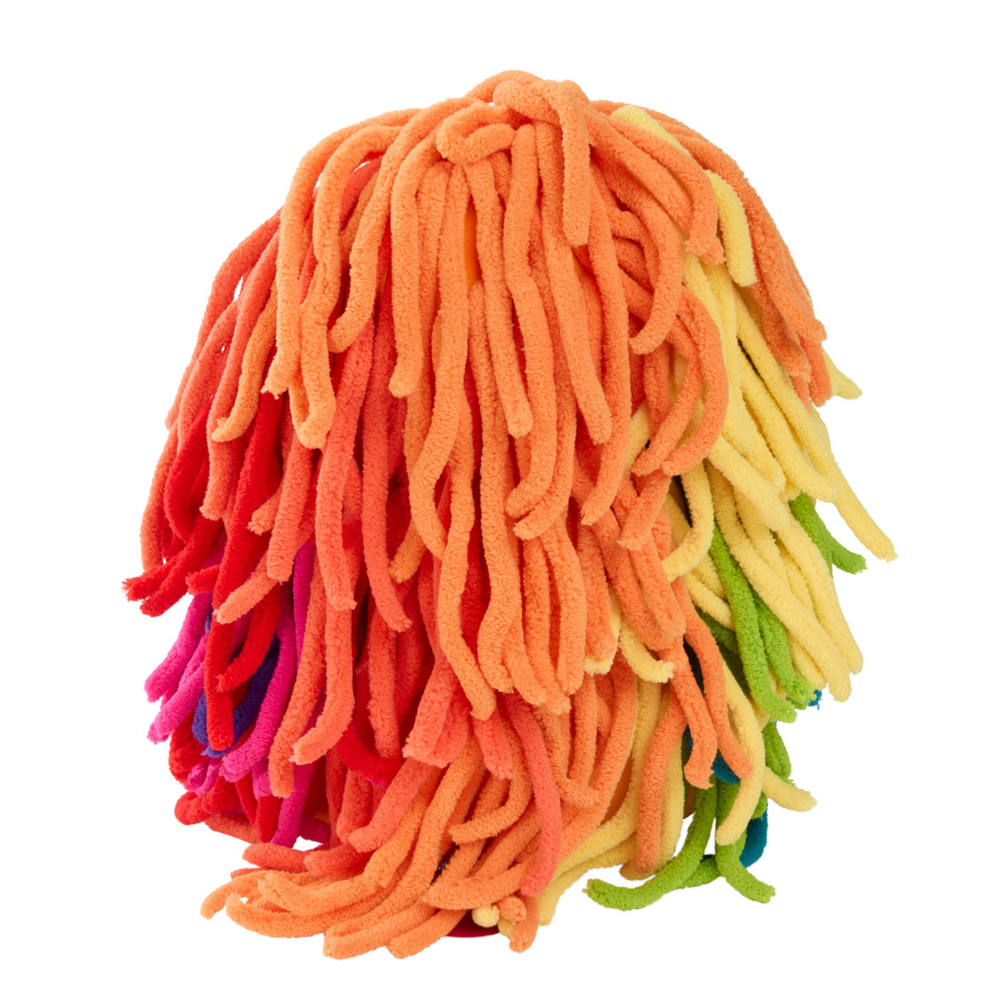 Yarnaby plush back view with long, thick strands of hair in a rainbow gradient, including orange, yellow, green, blue, and pink.