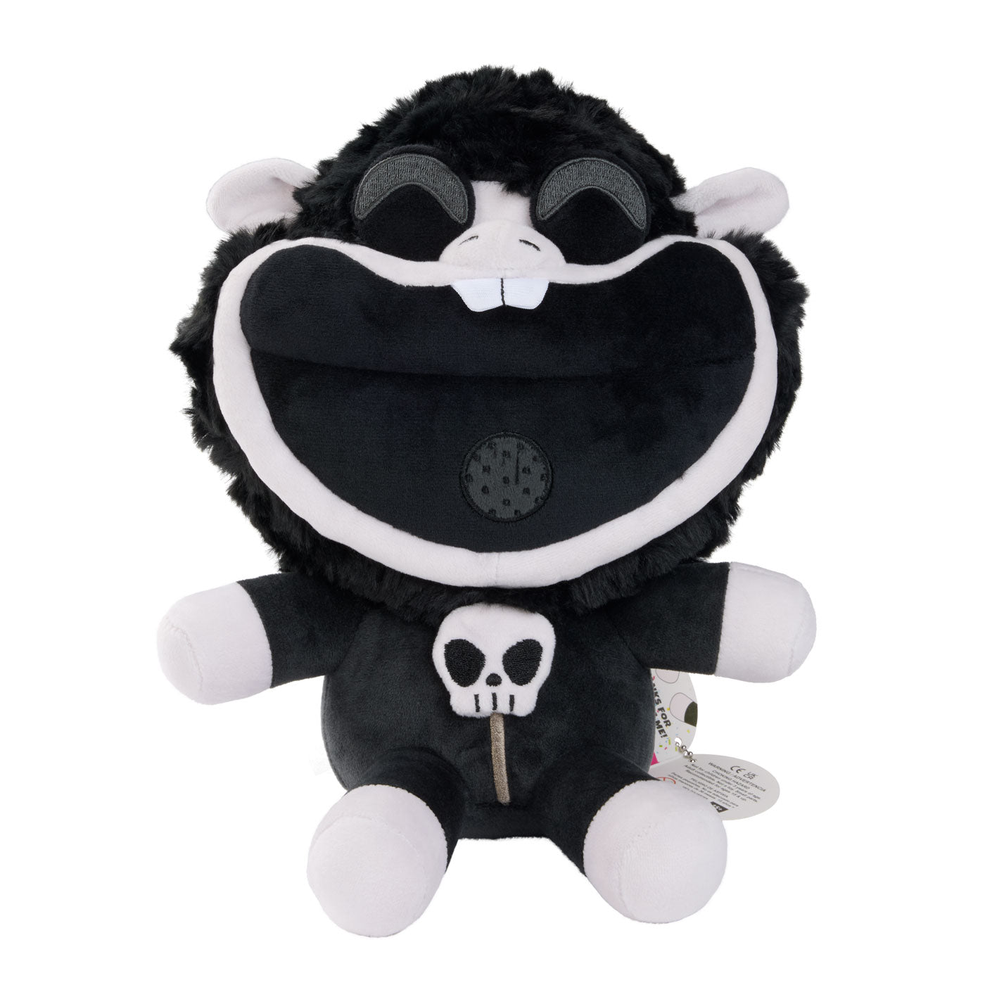 A black and white Baba Chop plush toy with a wide open mouth, wearing a black outfit with a white skull detail.