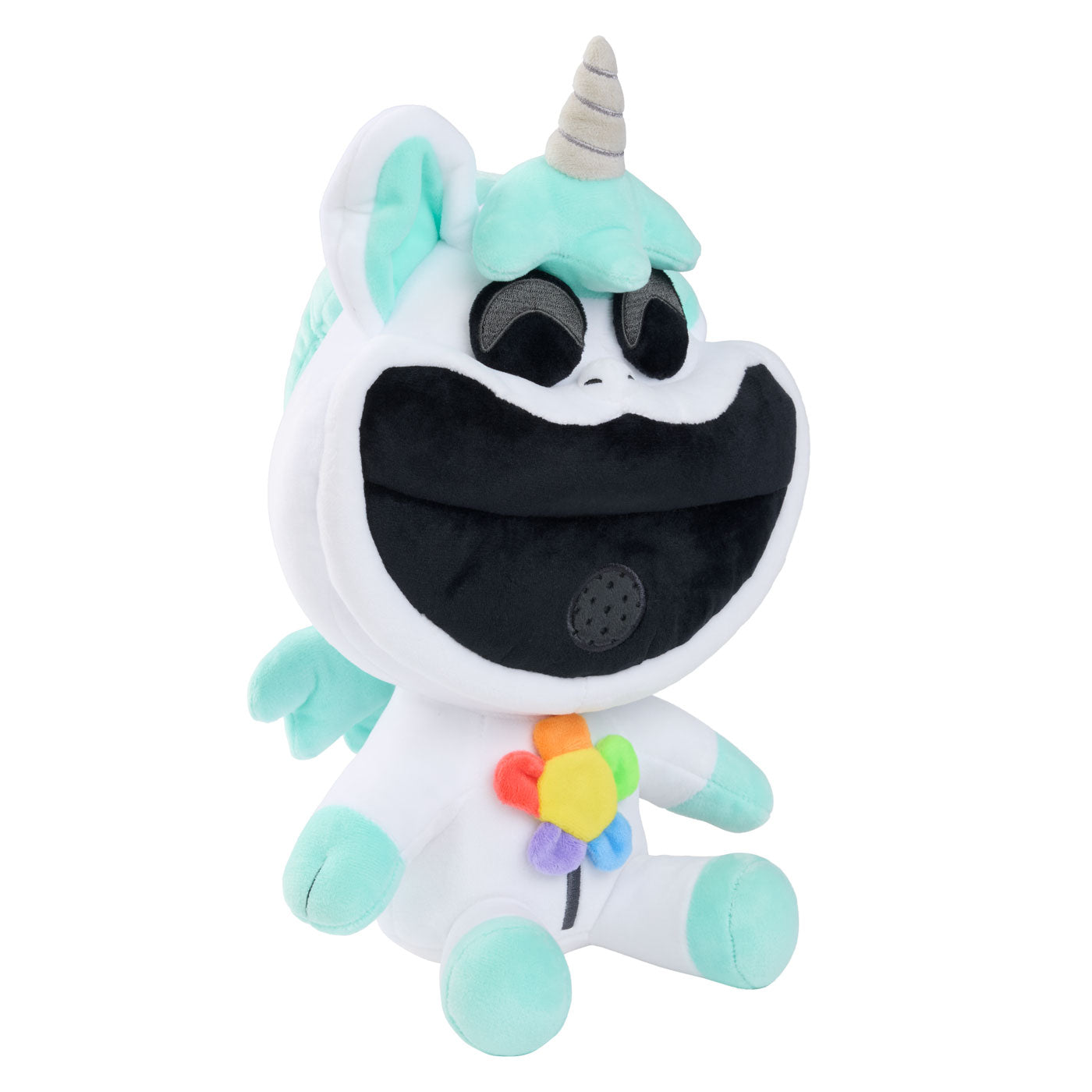 A plush unicorn toy with a white body, mint green accents, a gray horn, and a large black mouth area, with small rainbow flower in the chest.