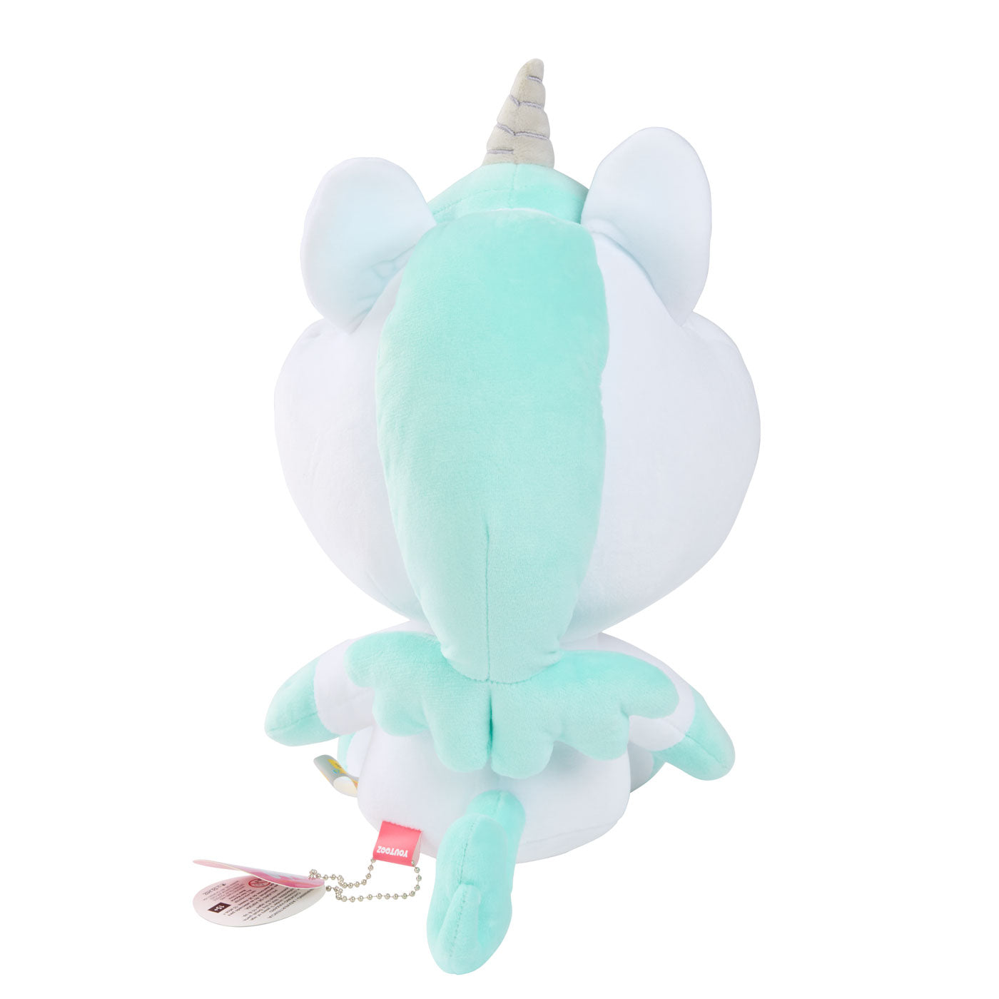 A plush unicorn toy shown from the back, featuring a mint green mane and wings, a white body, and a small gray horn.