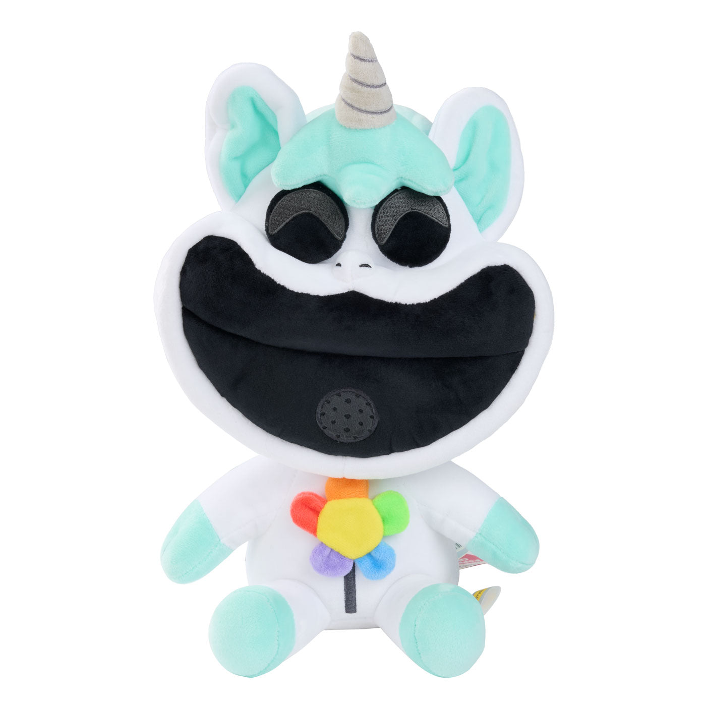 A plush unicorn toy with a large black mouth, mint green and white body, a striped horn, and a small rainbow flower on the chest.
