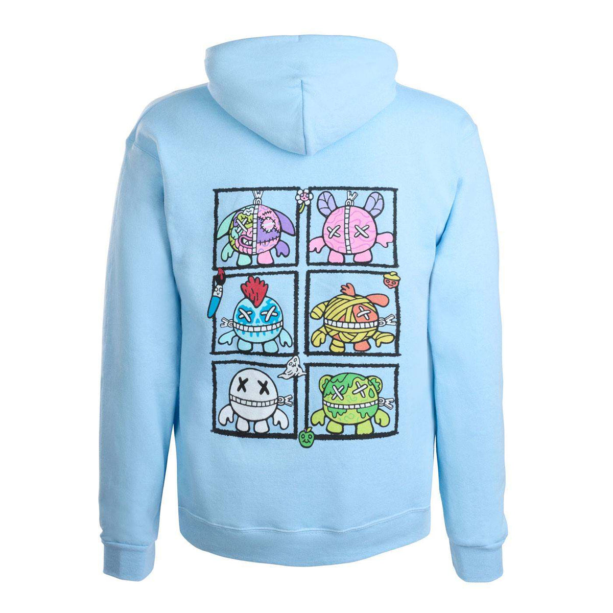 A light blue hoodie shown from the back, featuring a large graphic print of six cartoon outimal monsters arranged in a 2x3 grid.