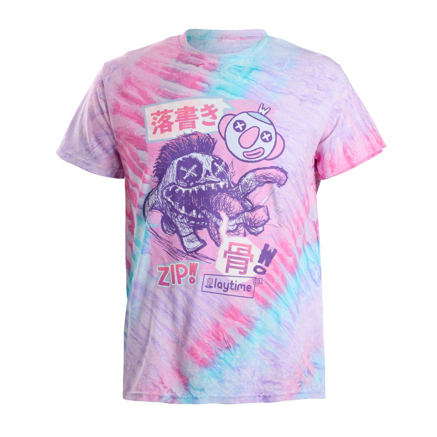 Pastel tie-dye T-shirt featuring doodle bones character graphic, Japanese-inspired text, and Playtime branding in pink, blue, and purple tones.
