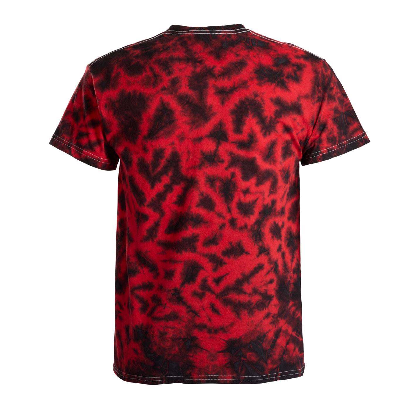 A short-sleeve crewneck t-shirt shown from the back, featuring a vibrant red and black tie-dye pattern.