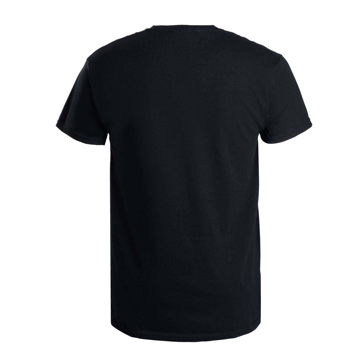 A black short-sleeve crewneck t-shirt shown from the back.