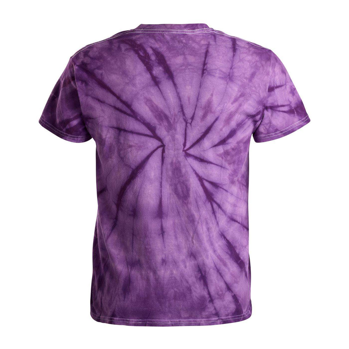 A purple tie-dye t-shirt with a spiral burst pattern, shown from the back.