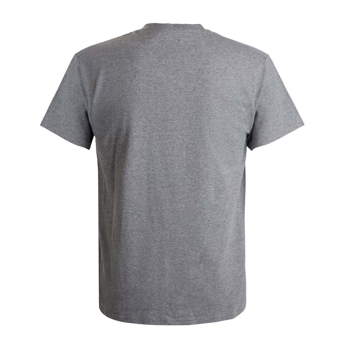 A heather gray short-sleeve crewneck t-shirt shown from the back.