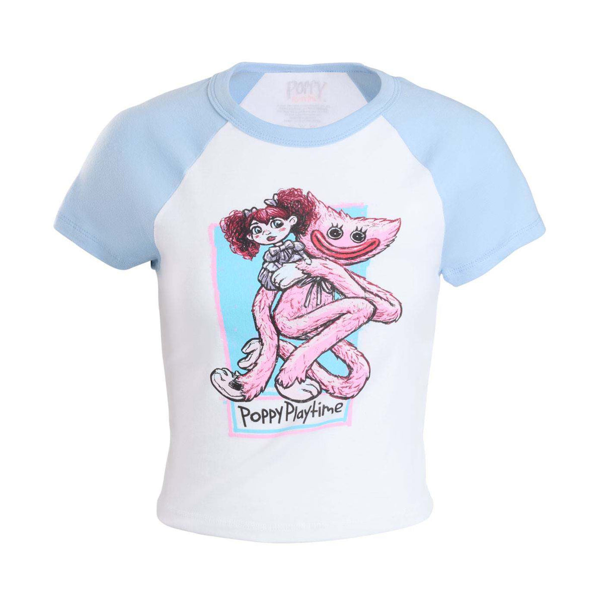 A white and light blue raglan t-shirt featuring a graphic of the characters from Poppy Playtime on the front, with 'Poppy Playtime' text printed below the graphic.