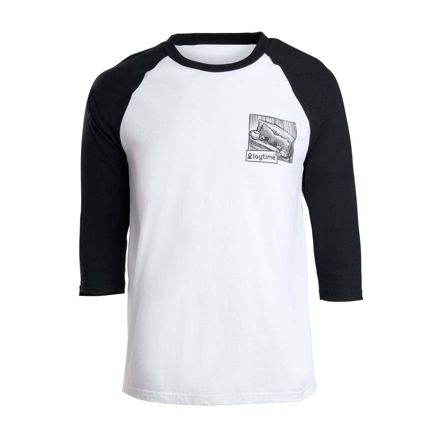 3/4 sleeve shirt with black sleeves and white body featuring a graphic design of huggy wuggy on the chest.