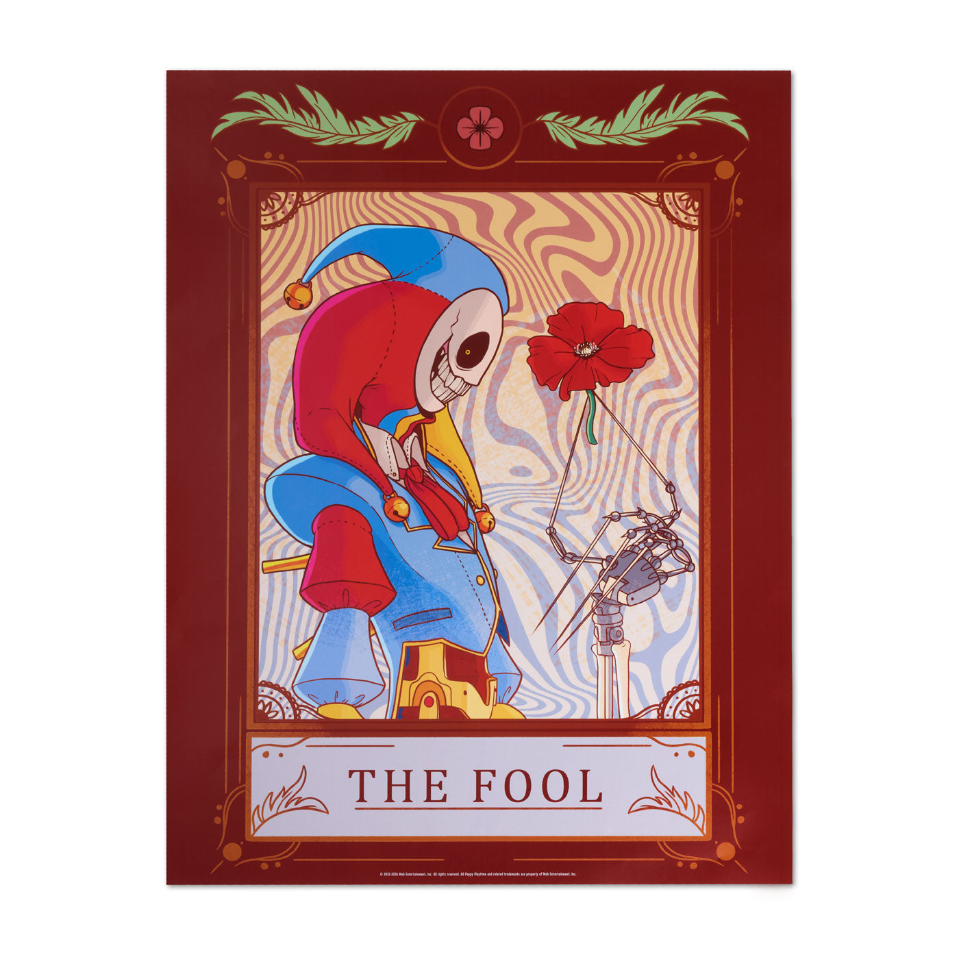 A framed art print of 'The Fool' tarot card, featuring a stylized Prototype in a red and blue jester outfit holding a red poppy flower, set against a wavy cream background with a dark red border.