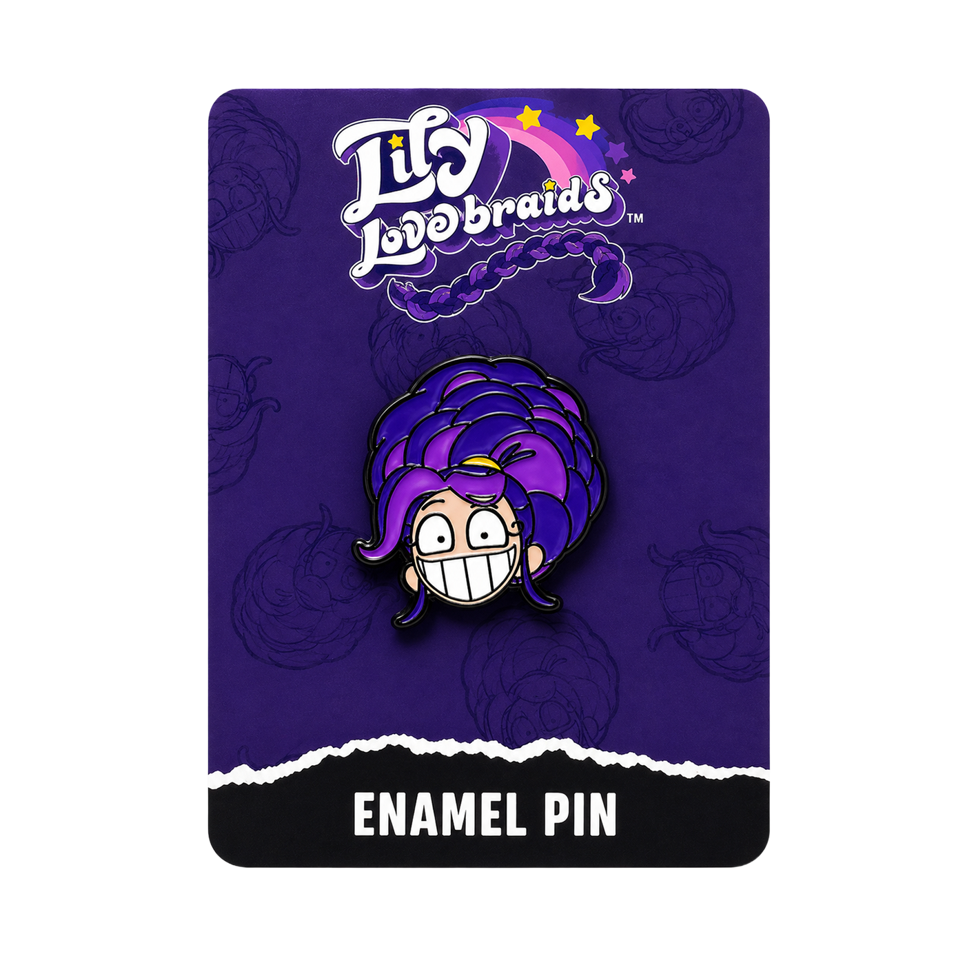 A purple enamel pin card for 'Lily the Lovebraids' featuring smiling Lily Lovebraids with braids in bun and a text 'ENAMEL PIN' at the bottom.