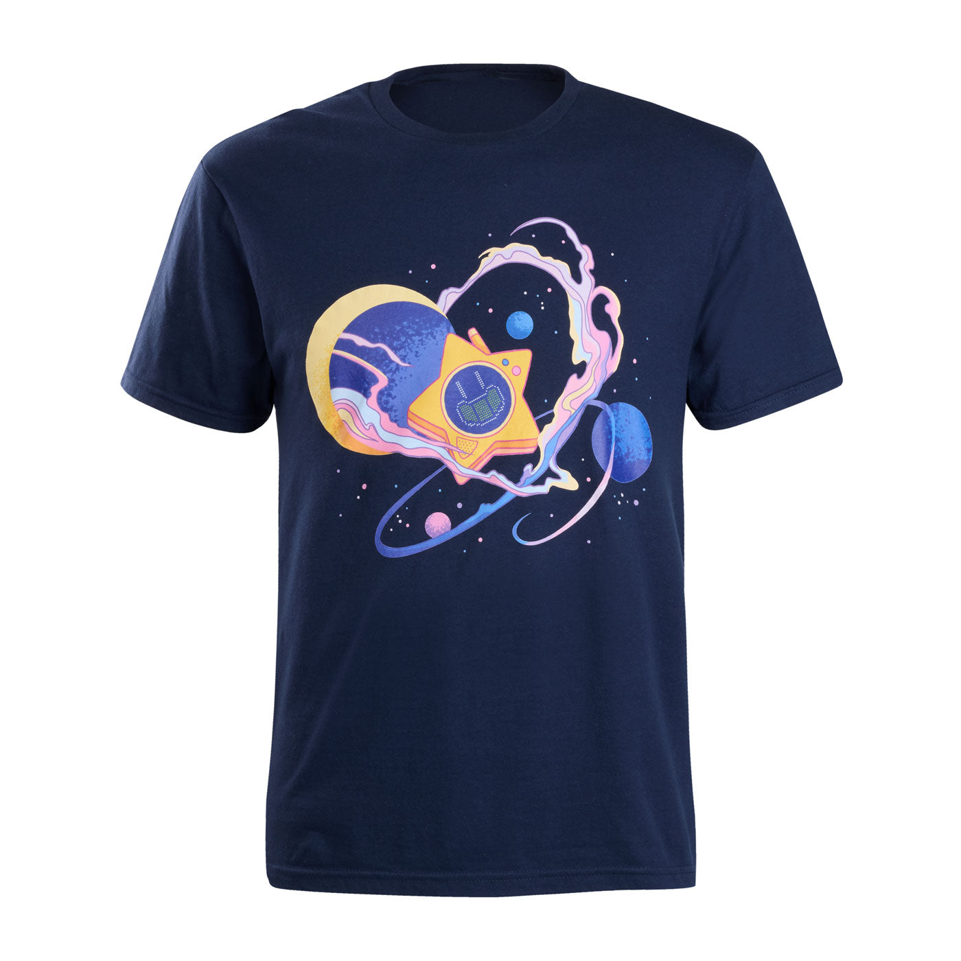 A navy blue short-sleeve crewneck t-shirt featuring a colorful graphic on the chest of Glowby, a moon and cosmic smoke combined in heart shape, and cosmic swirls.