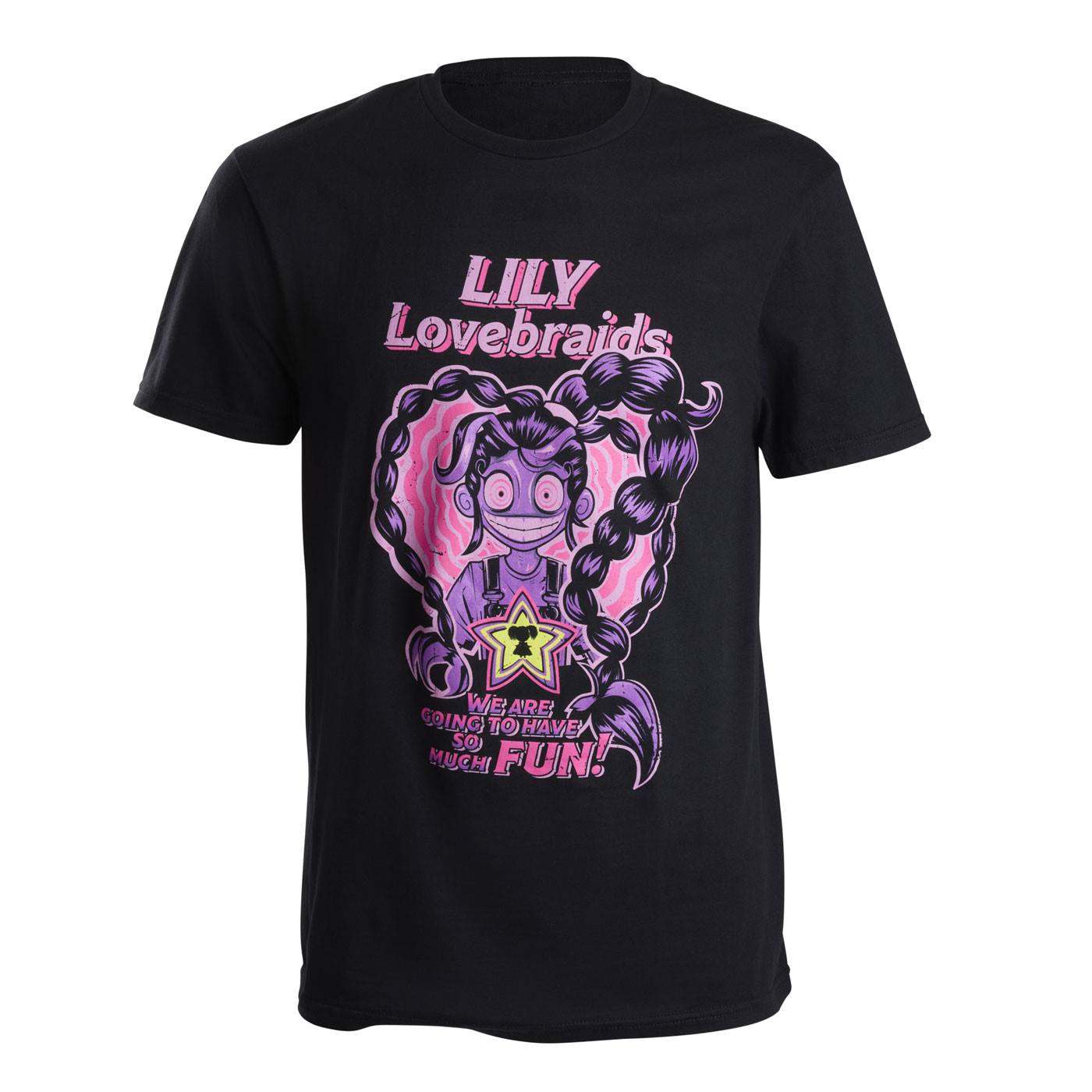 A black short-sleeve crewneck t-shirt featuring a colorful graphic of a cartoon Lilly Lovebraids with long braids, pink text reading 'LILY Lovebraids', and additional pink text on a white background.