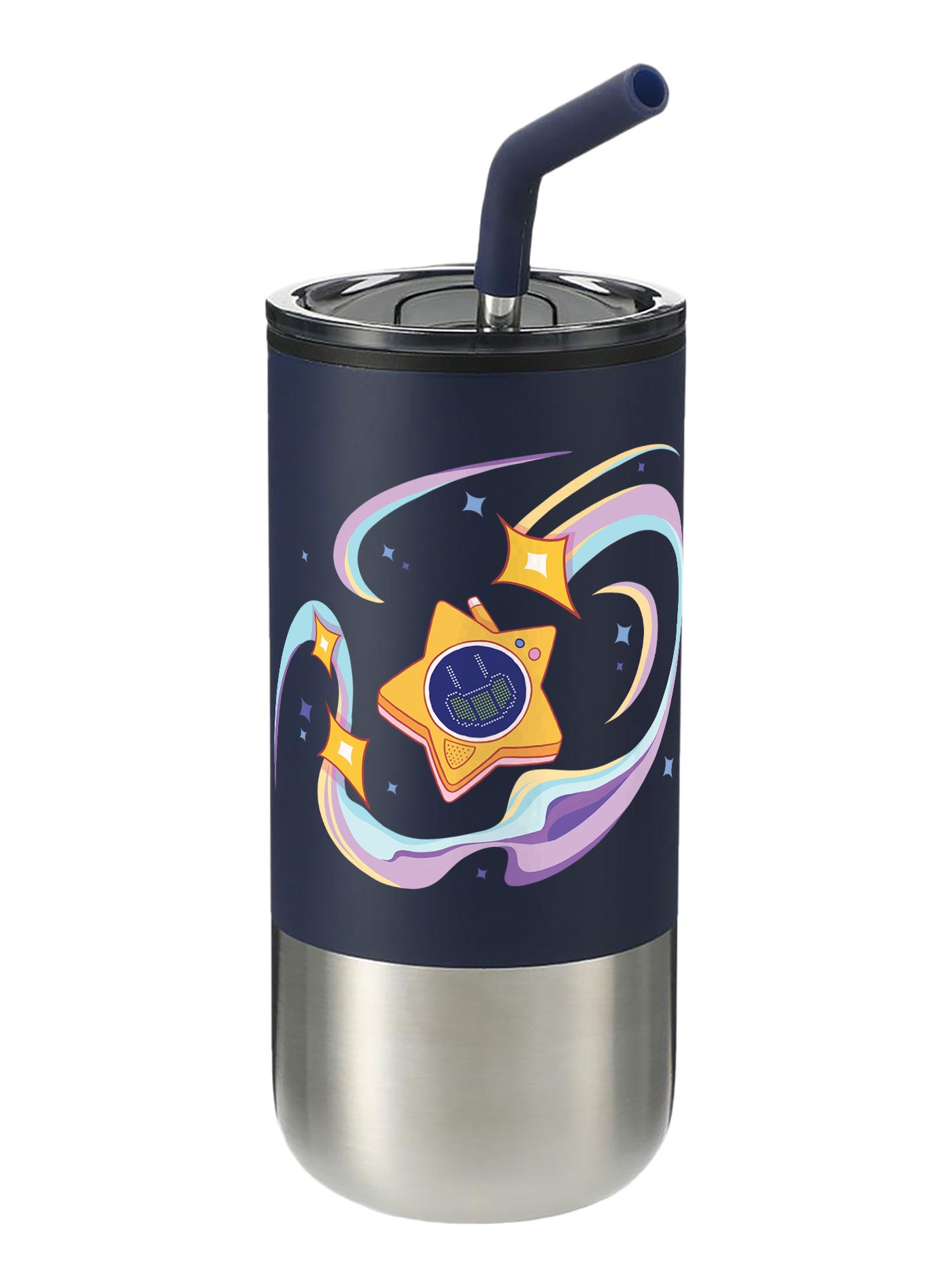 Navy tumbler with a Glowby design at the center.