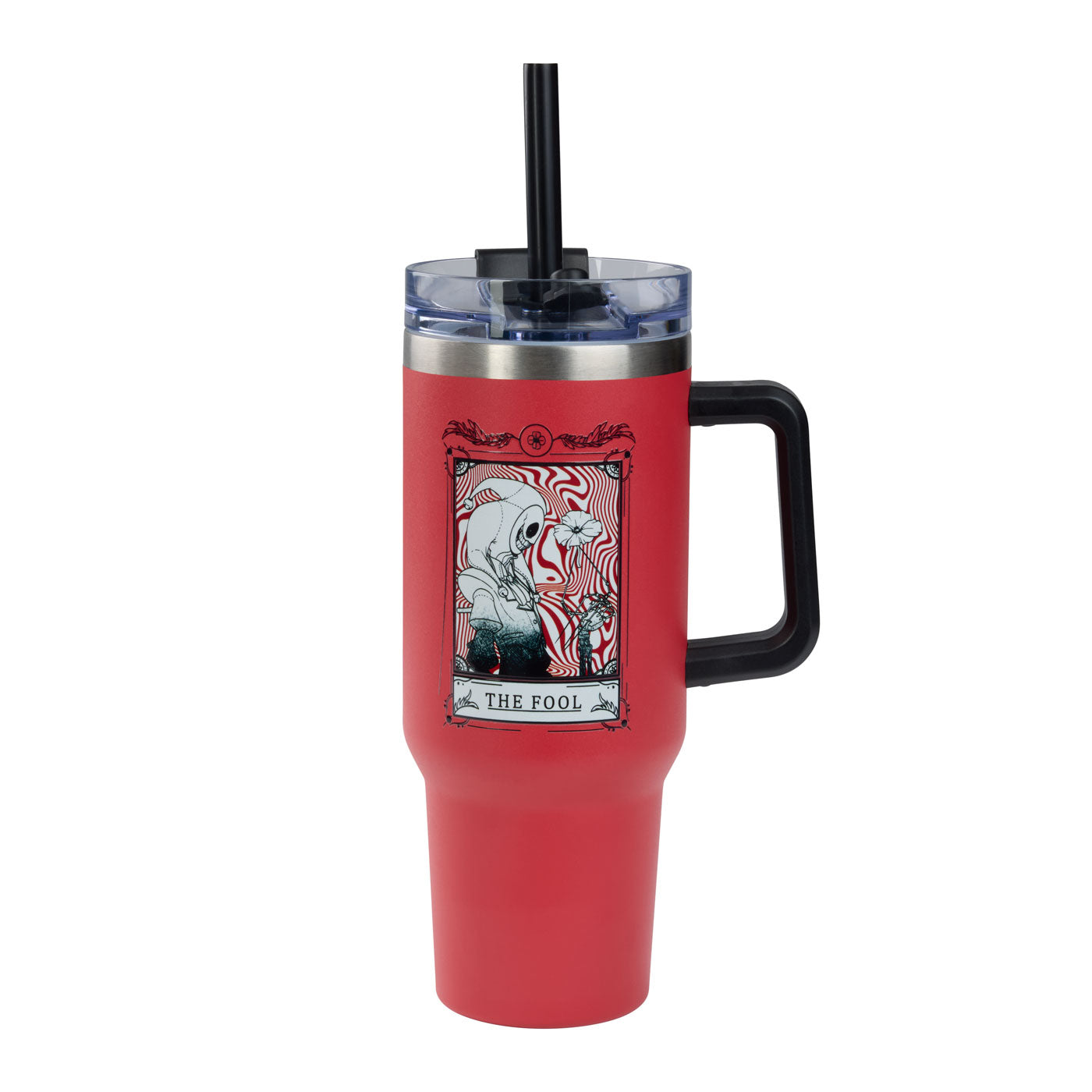 Red tumbler with black handle and straw featuring Prototype with text "The Fool".