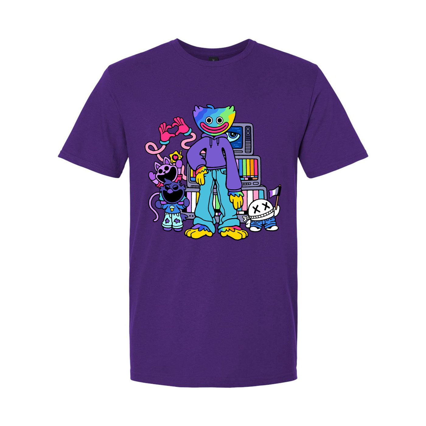 Purple t-shirt with rainbow huggy wuggy, the doctor, blanky balnkz, mommy long legs, and 2 smiling critters.