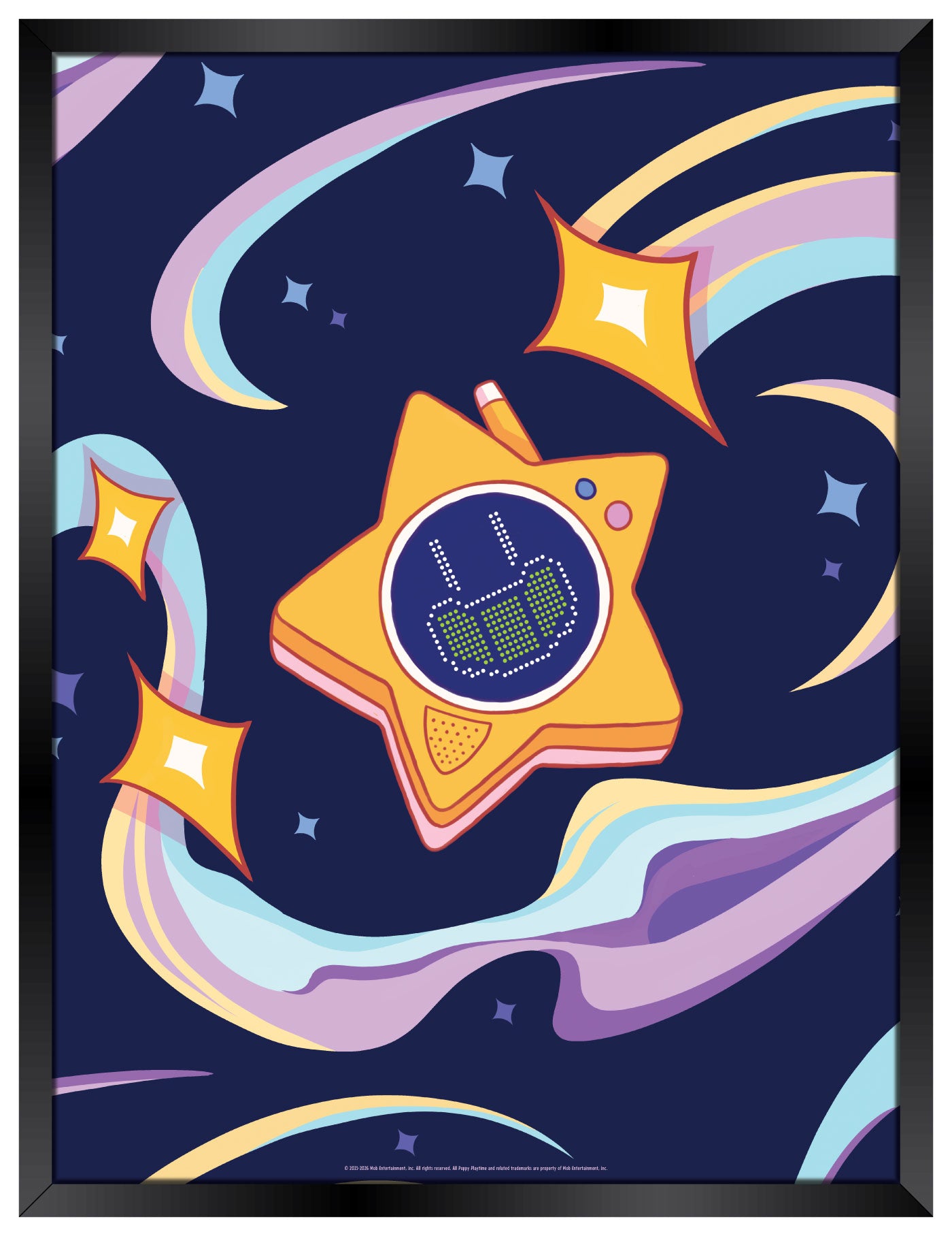 Framed poster featuring Glowby as a bright yellow star-shaped character floating in a dark blue space background, surrounded by colorful swirling trails and small stars.