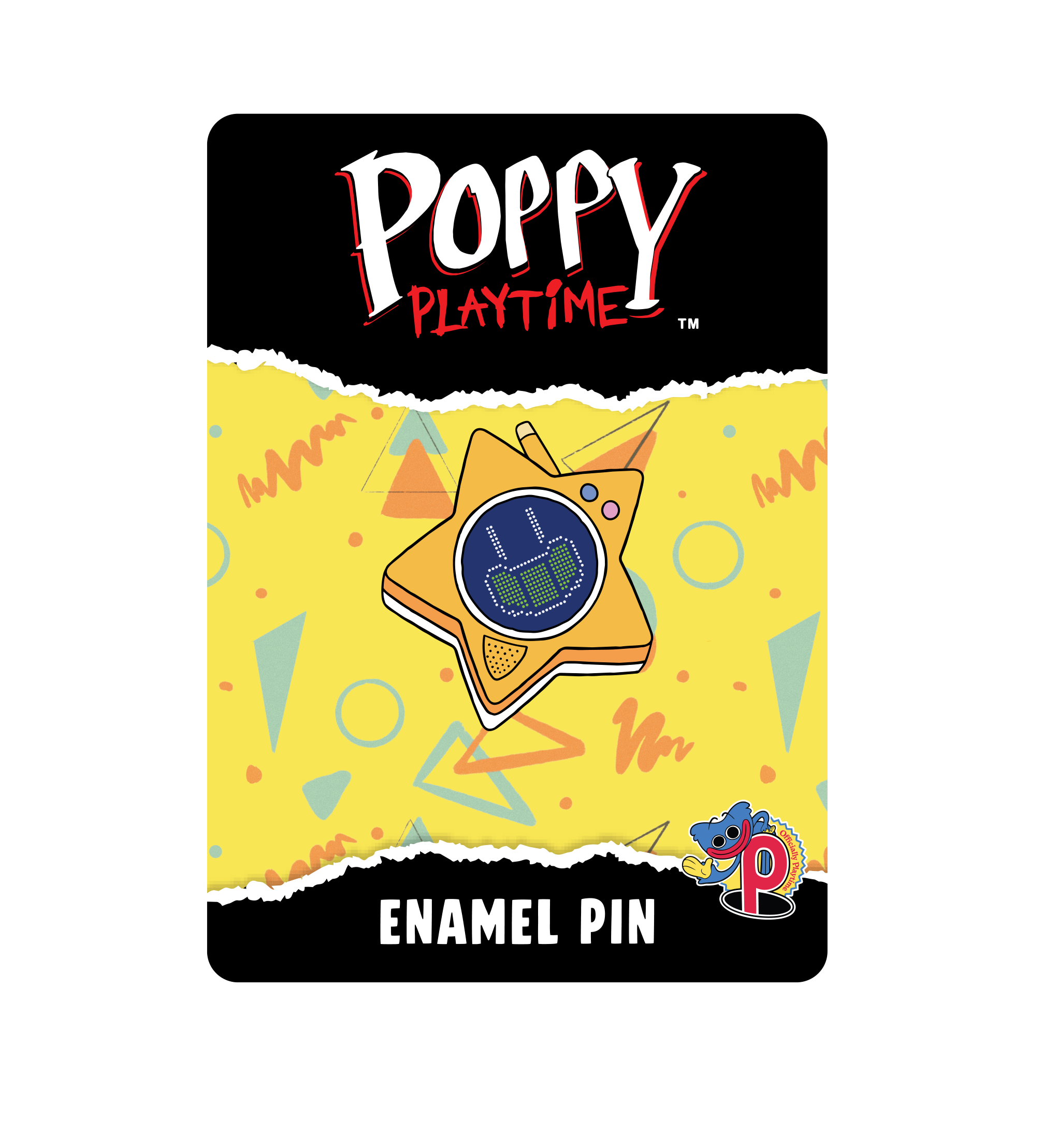 A Poppy Playtime enamel pin card featuring Glowby, with black top and bottom bands with the Poppy Playtime logo and the text 'ENAMEL PIN'.