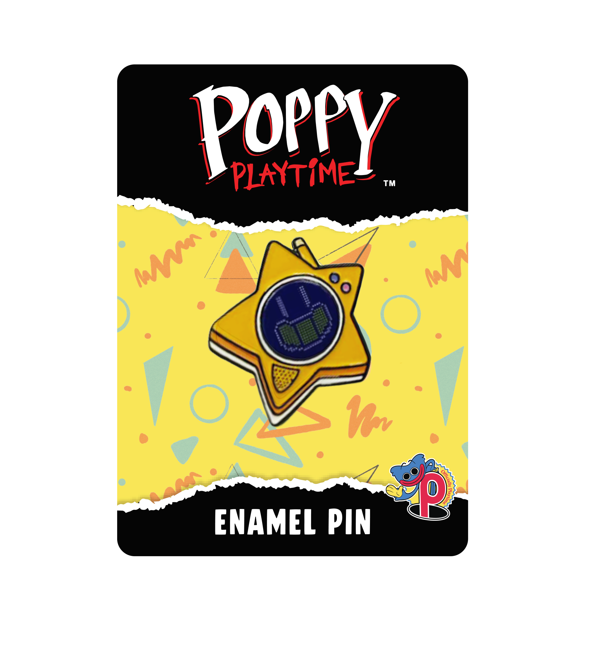 A Poppy Playtime enamel pin card featuring Glowby, with black top and bottom bands with the Poppy Playtime logo and the text 'ENAMEL PIN'.
