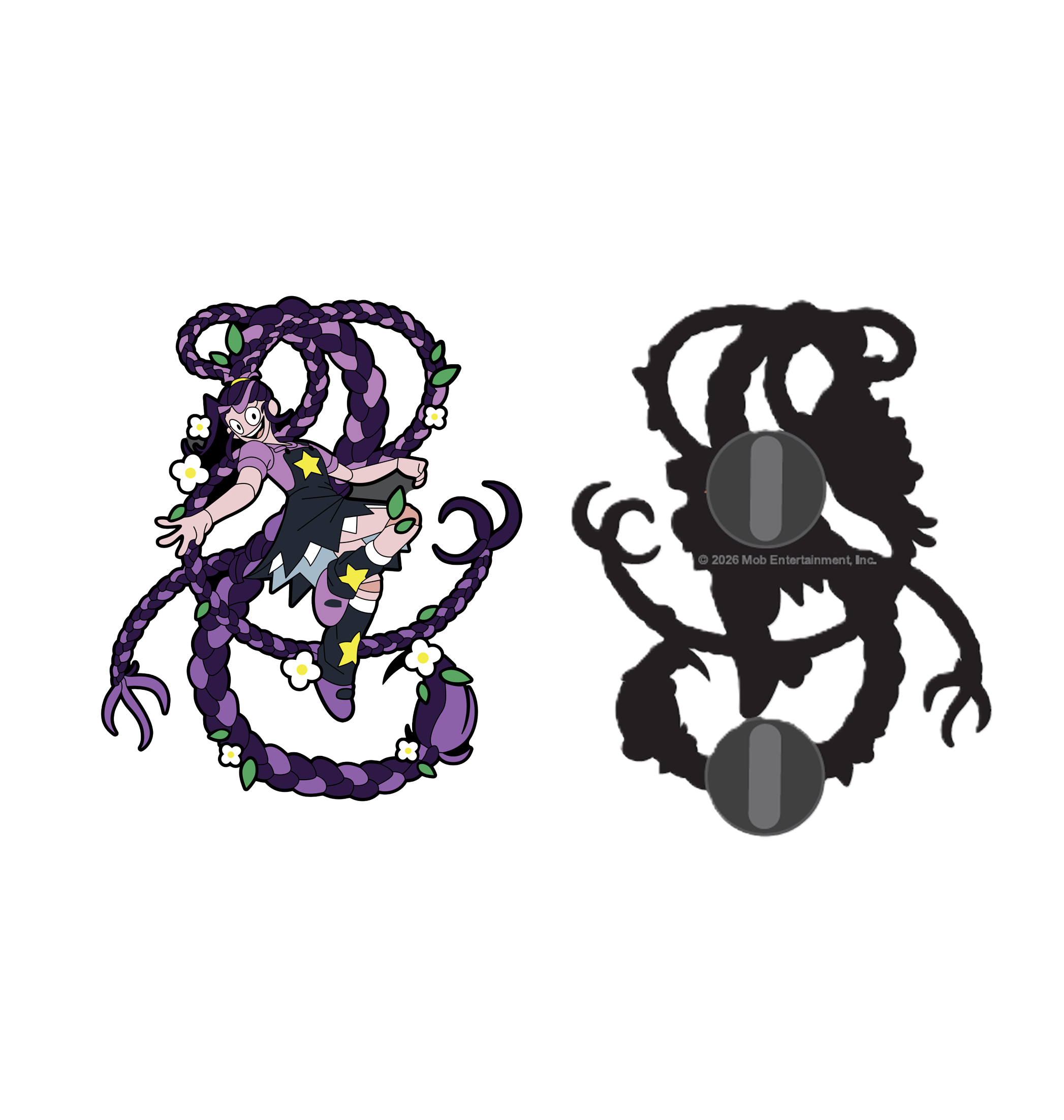 Lily Lovebraids with long braided purple hair, wearing a purple top, black skirt, purple shoes and black socks with yellow star accents, surrounded by white flowers and green leaves. With Rubber pin backing.