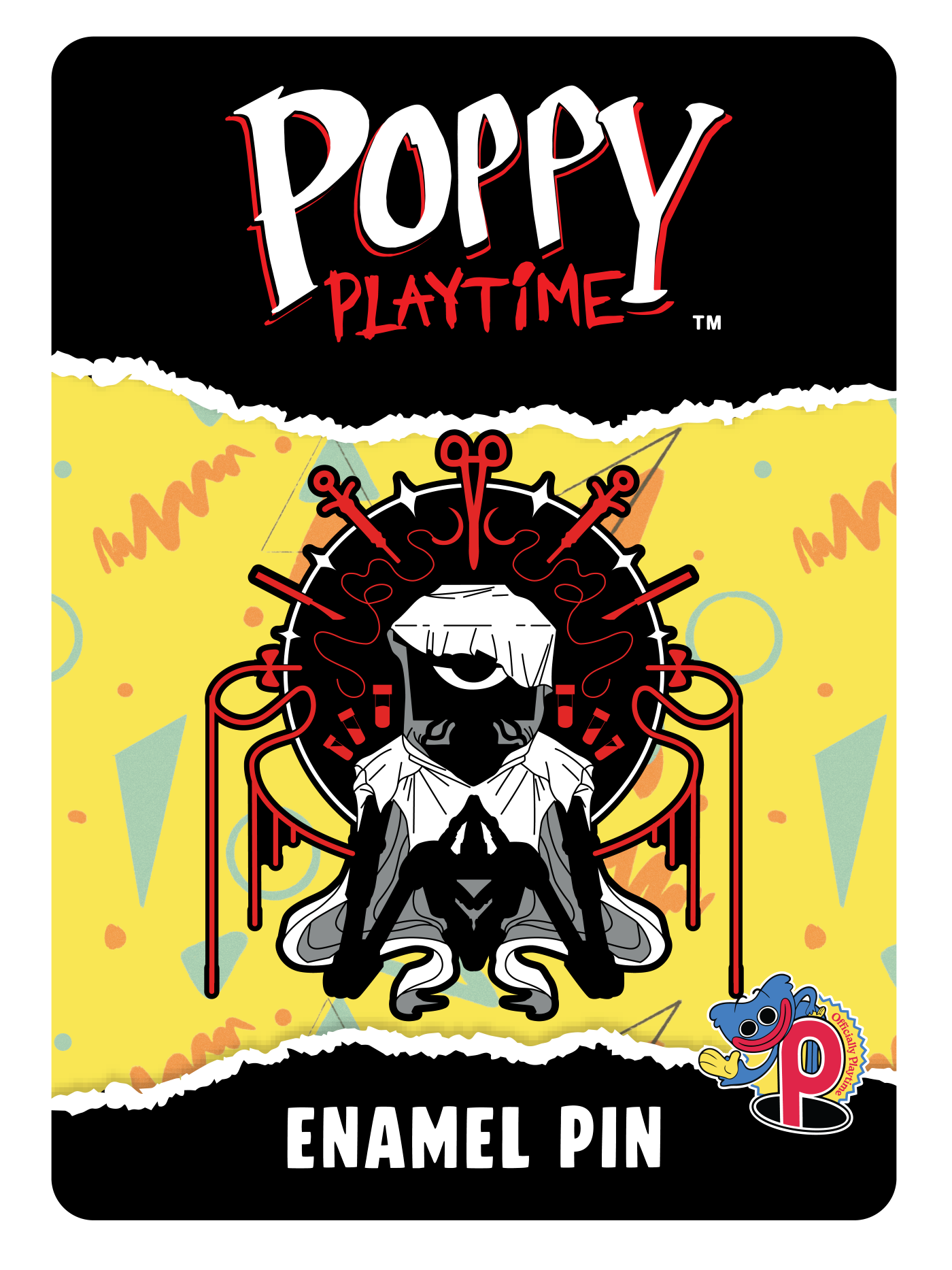 A Poppy Playtime enamel pin card featuring The Doctor with surgical tools around him and 'Enamel Pin' at the bottom.