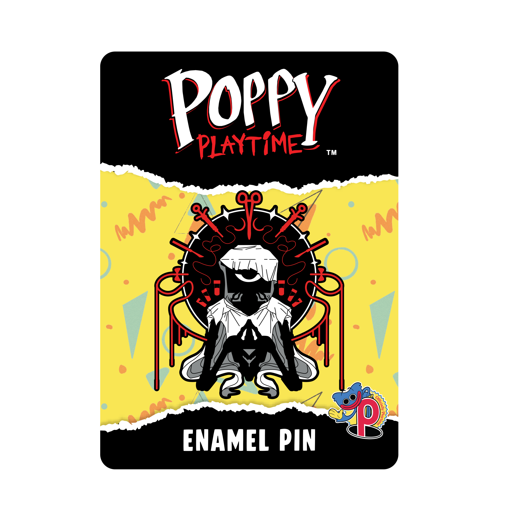 A Poppy Playtime enamel pin card featuring The Doctor with surgical tools around him and 'Enamel Pin' at the bottom.