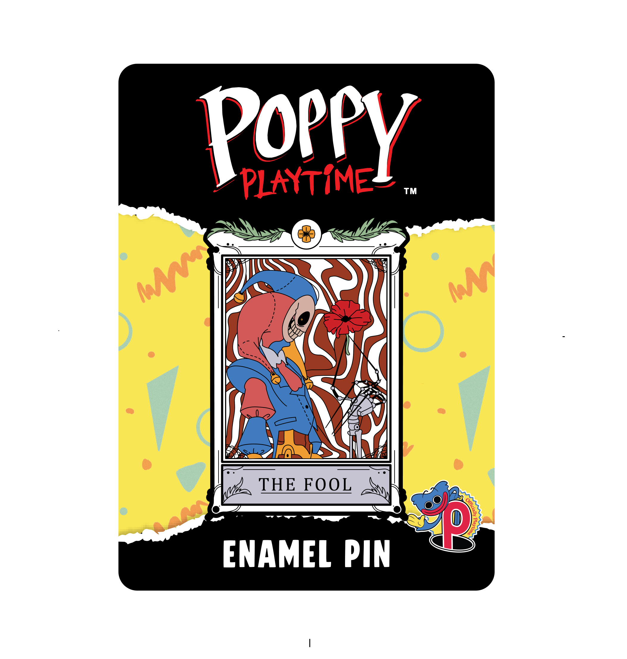 Poppy Playtime enamel pin featuring 'The Fool' tarot card design. The pin card have 'Poppy Playtime' logo at the top, and 'ENAMEL PIN' at the bottom.