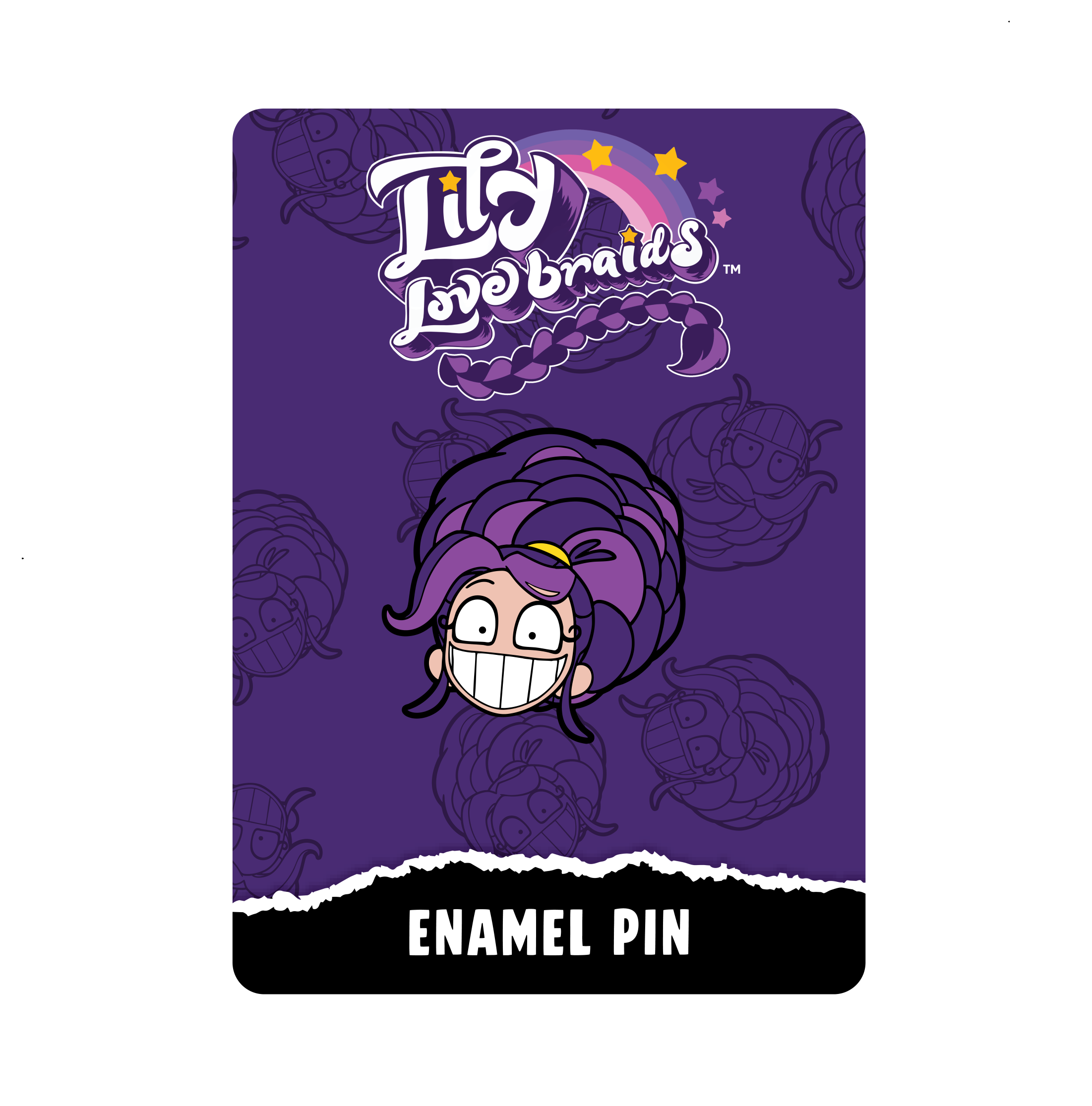 A purple enamel pin card for 'Lily the Lovebraids' featuring smiling Lily Lovebraids with braids in bun and a text 'ENAMEL PIN' at the bottom.