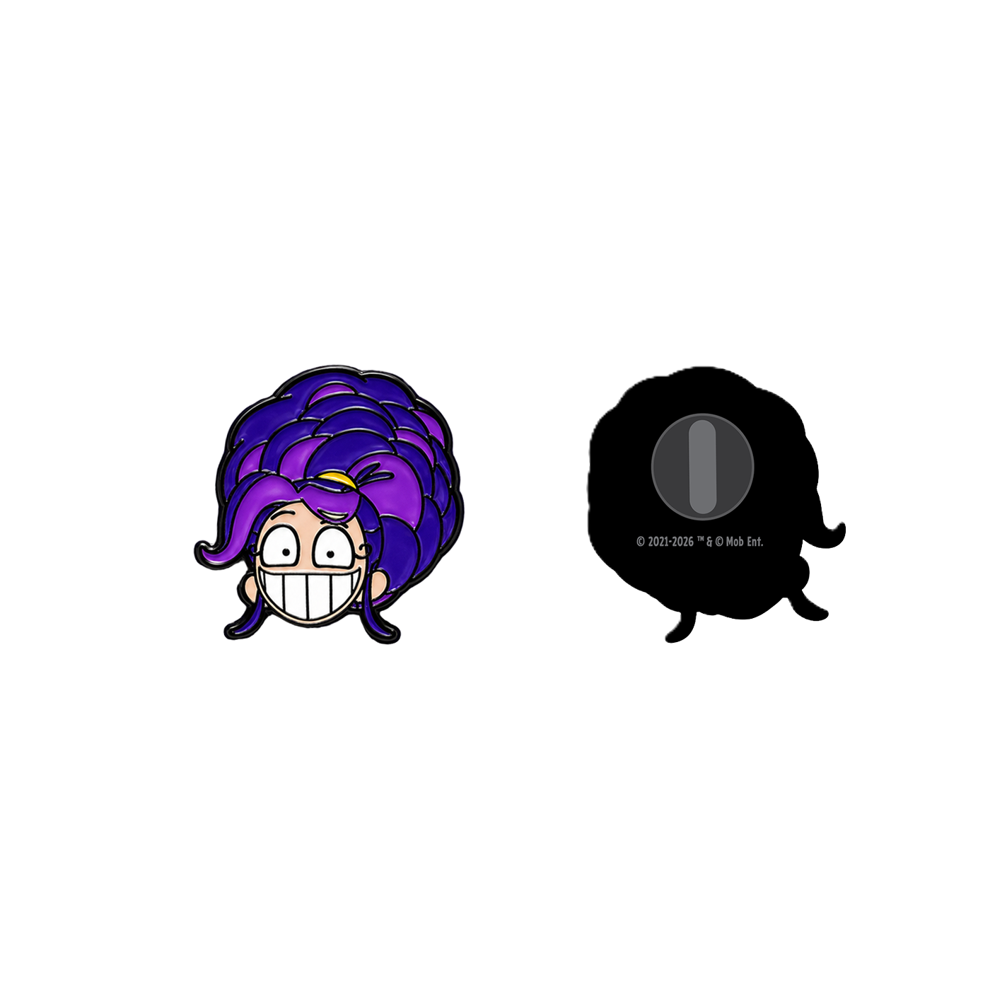 A Lily Lovebraids enamel pin of a character with a large purple hairstyle, wide eyes, and a wide grin. with rubber pin backing.