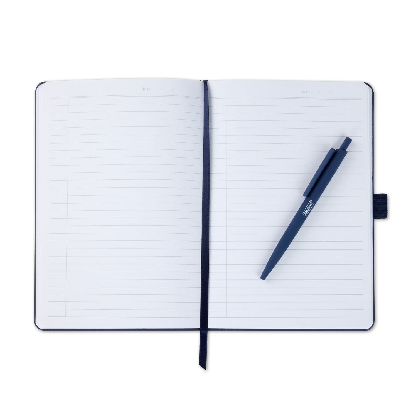 An open notebook with a dark navy blue pen resting on the right page.