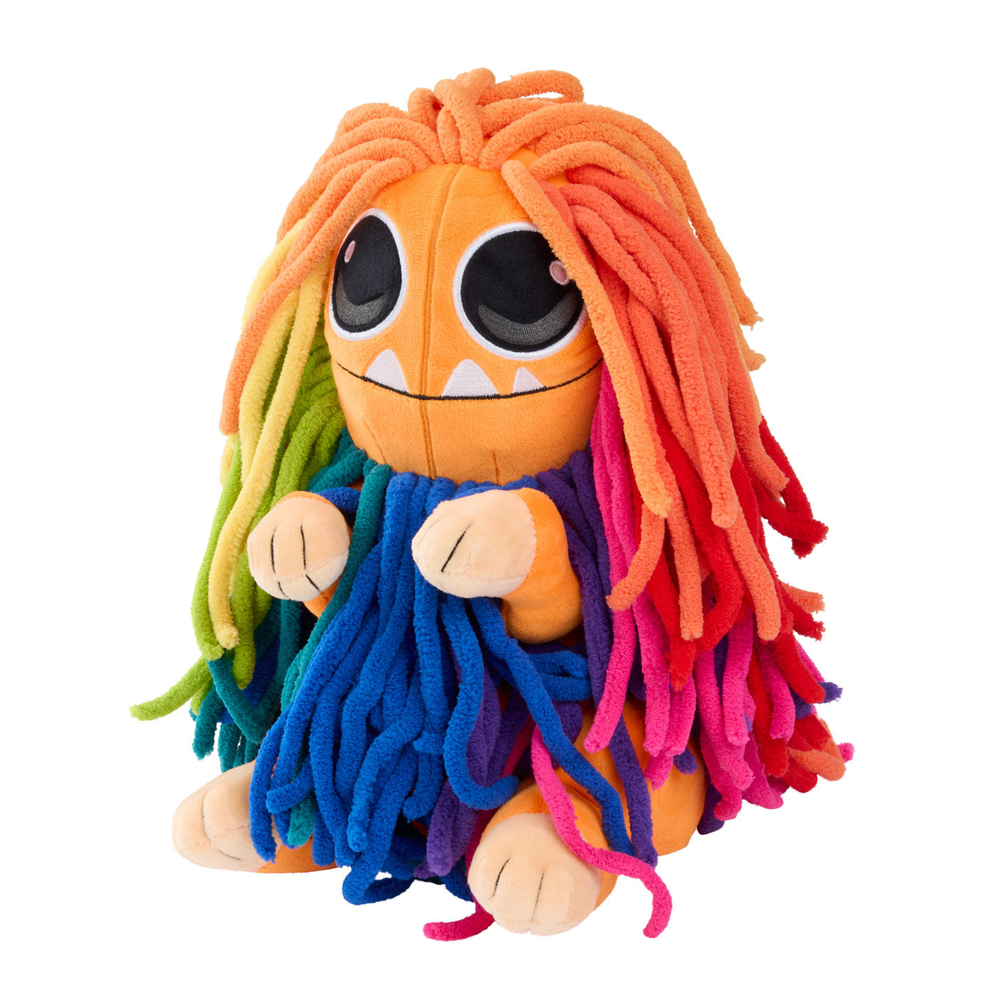 A plush monster toy with a round orange face, large black eyes, small white teeth, and long multicolored yarn-like hair and dress in orange, yellow, green, blue, purple, and pink.