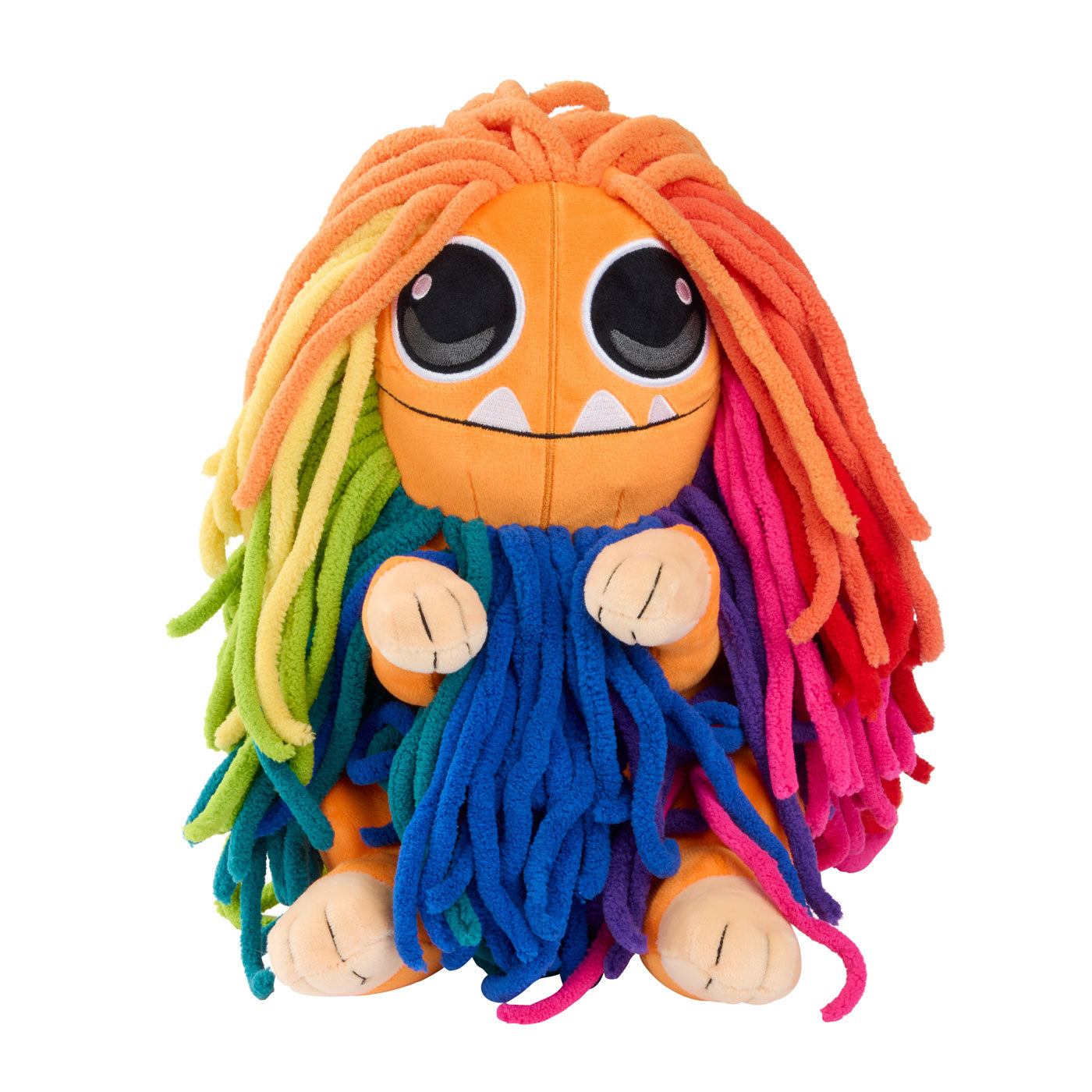 A colorful monster plush toy with a bright orange face and body, large black eyes, and long, thick yarn-like hair and clothing in rainbow colors including orange, yellow, green, blue, purple, and pink.