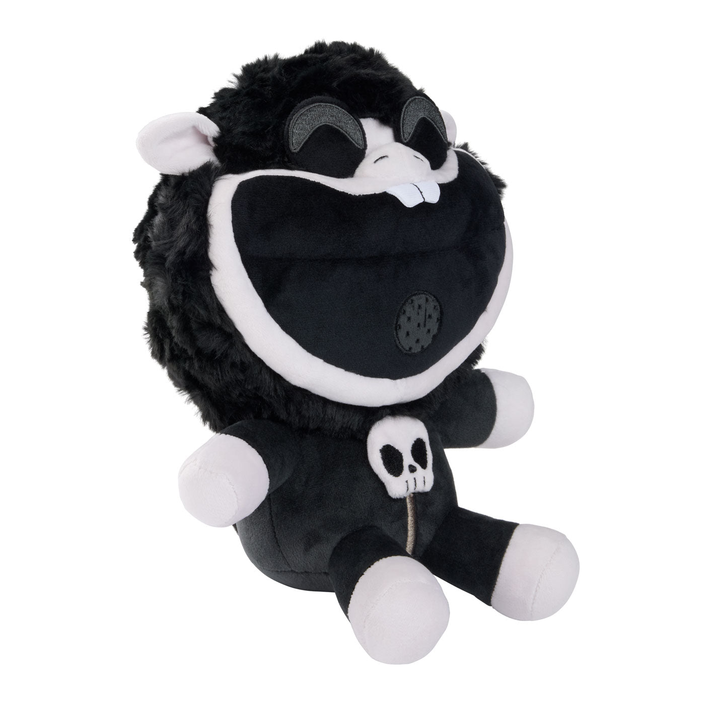 A black and white  Baba Chop plush toy wearing a skull-themed outfit.