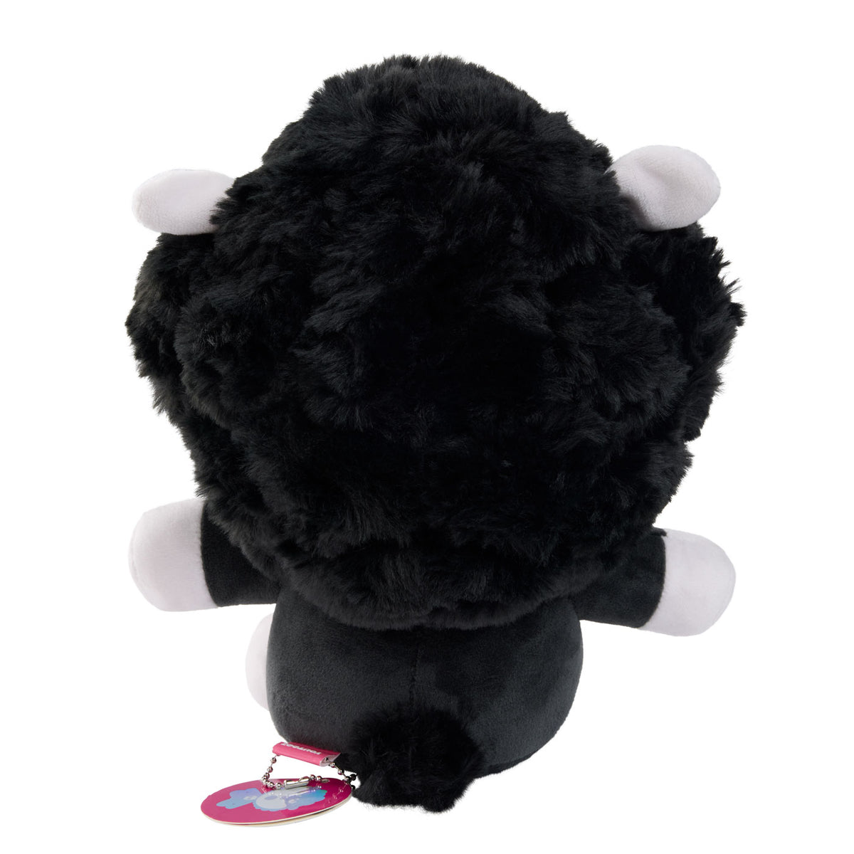  Baba Chop plush sheep toy shown from the back, featuring fluffy black fur, small white ears, and white hooves..