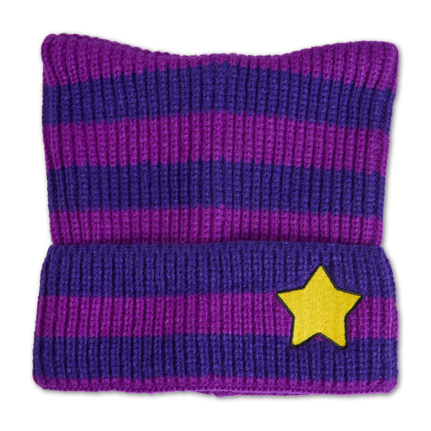 A purple striped knit beanie hat with a yellow felt star patch on the front cuff,.