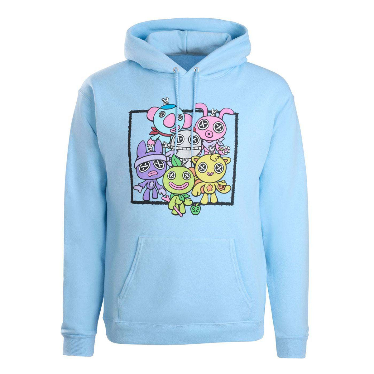 A light blue pullover hoodie with a colorful cartoon graphic on the chest, featuring six outimal characters inside a black outlined square.