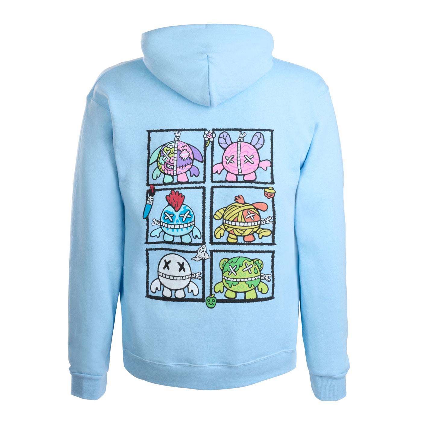 A light blue hoodie shown from the back, featuring a large graphic print of six cartoon outimal monsters arranged in a 2x3 grid.