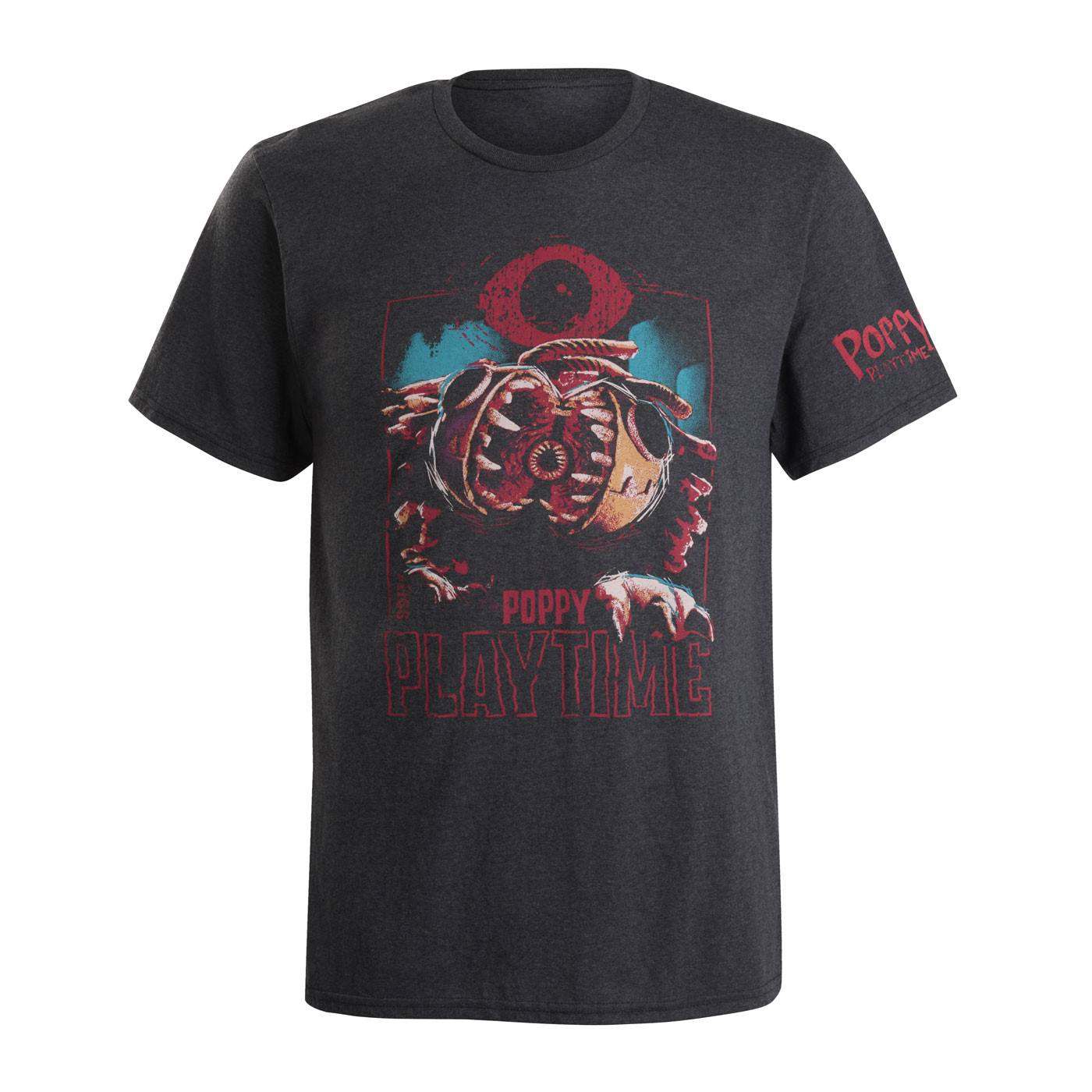 A dark gray graphic t-shirt featuring a horror-themed yarnaby print with red and blue accents and the text 'POPPY PLAYTIME' on the front, with 'POPPY PLAYTIME' also printed on the sleeve.