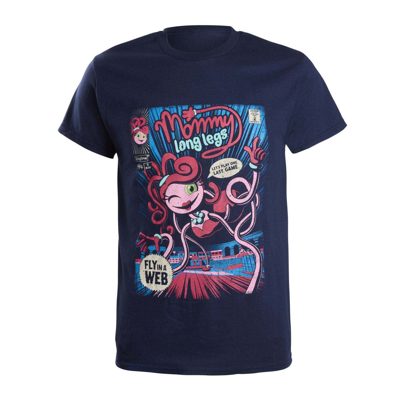 A navy blue short-sleeve crewneck t-shirt featuring a colorful graphic print of a mommy long legs character with the text 'Mommy long legs' and 'FLY in A WEB'.