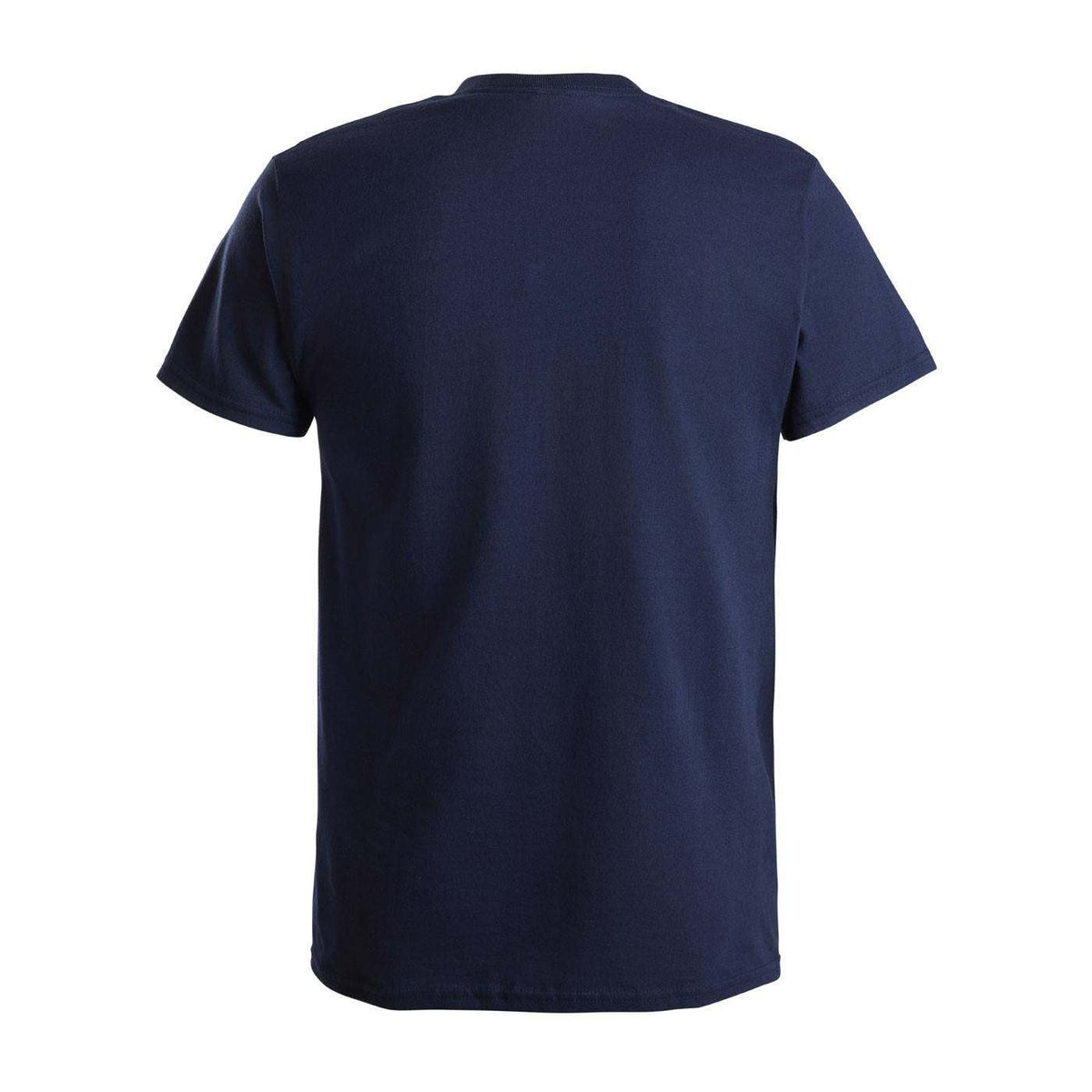 A navy blue short-sleeve crewneck t-shirt shown from the back.