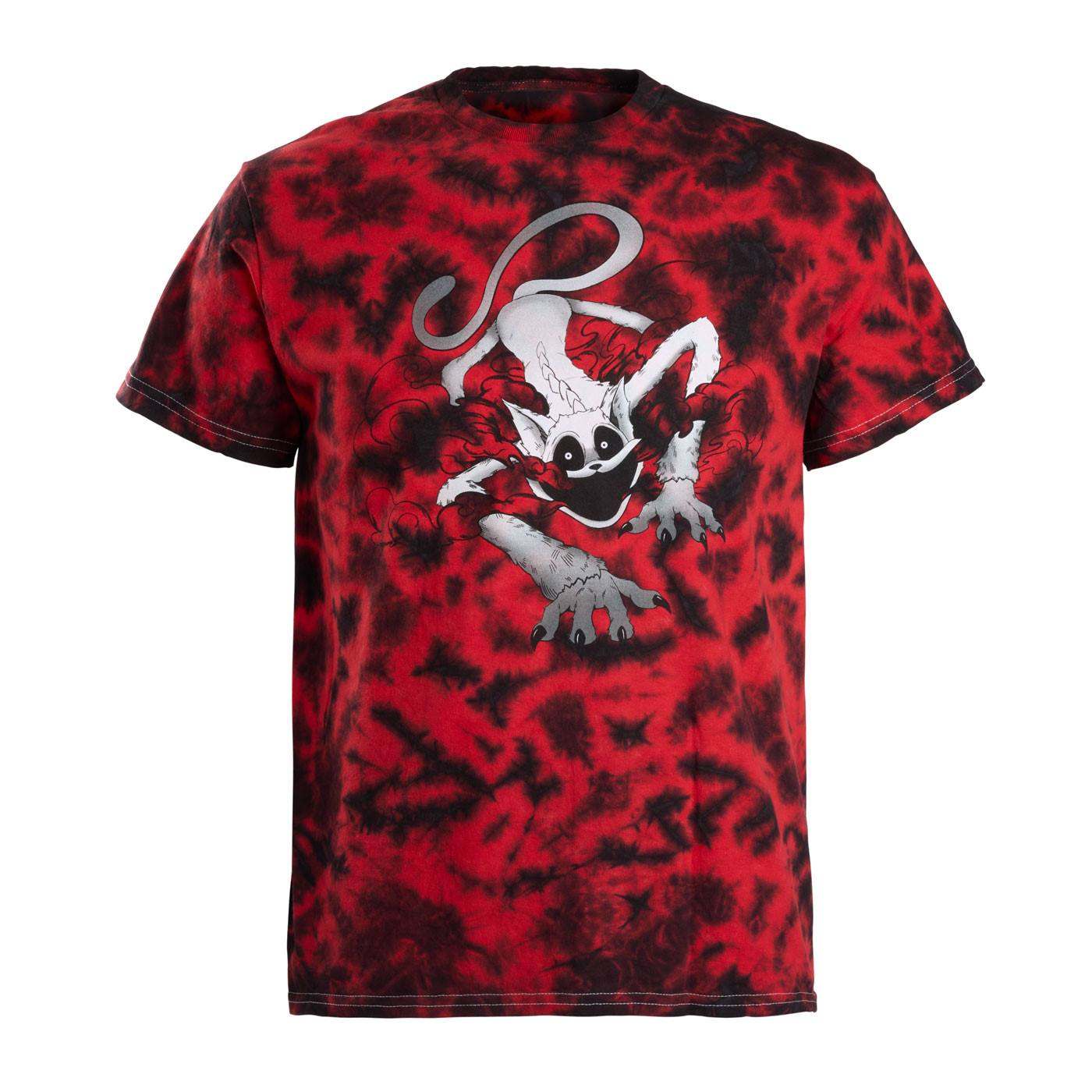 A red and black tie-dye t-shirt featuring a grey monster catNap with red smoke coming out of the mouth.