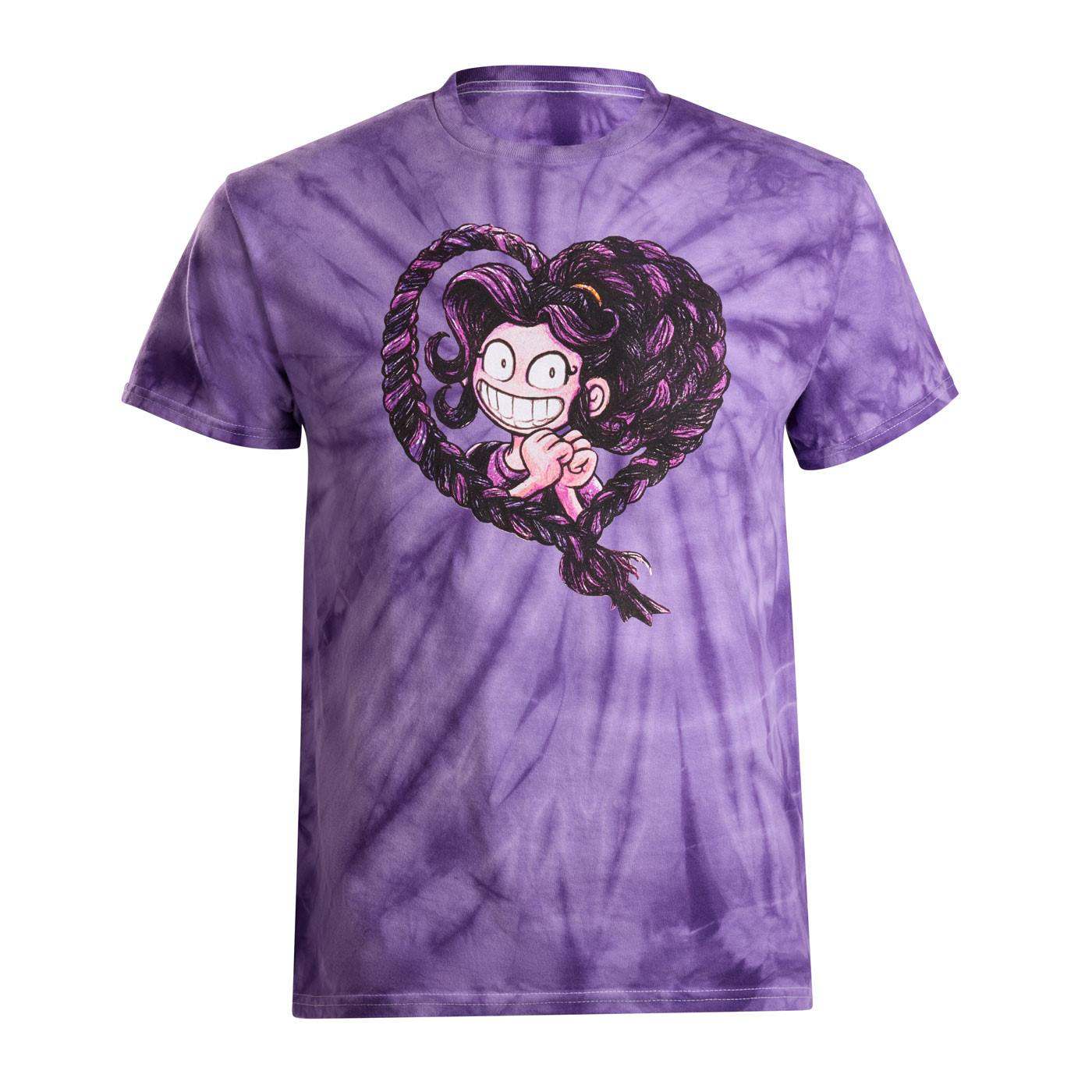 Front view of the Lily Tie Dye Tee featuring Lily Lovebraids in a colorful tie-dye design.