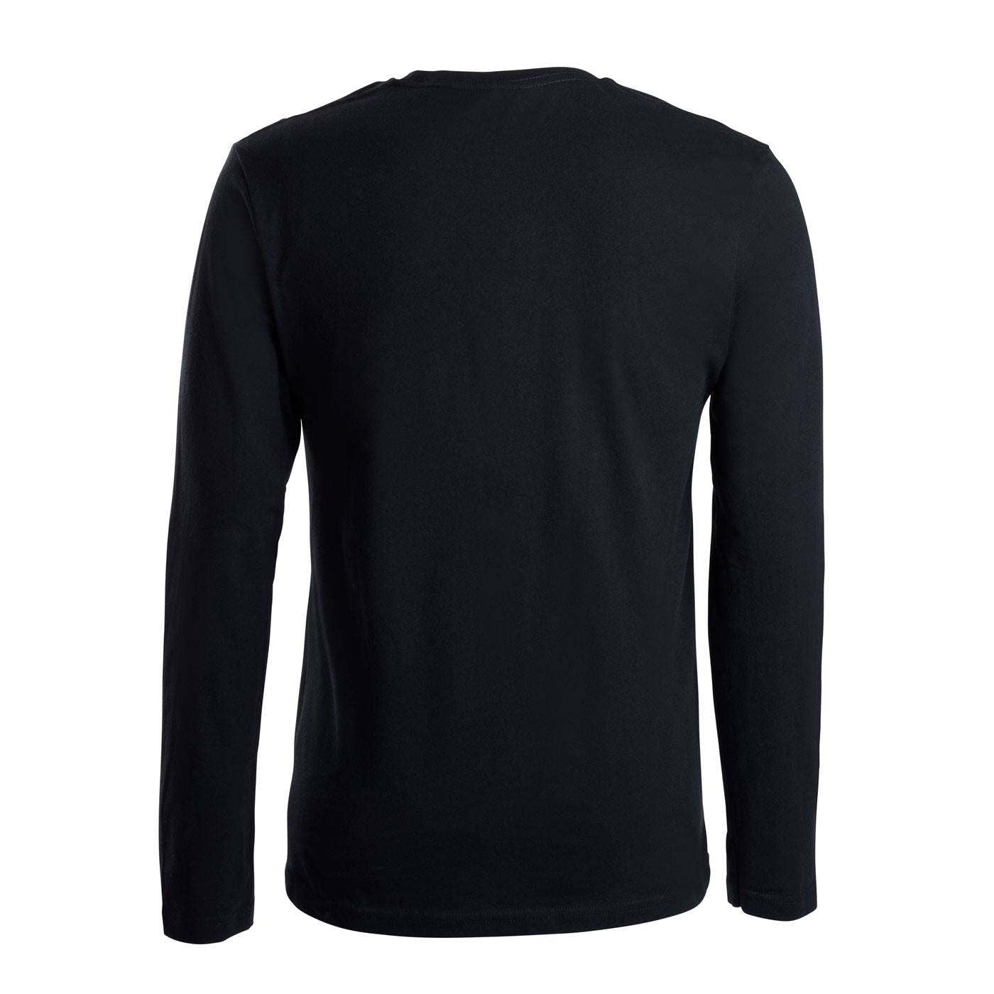 A black long-sleeve crewneck shirt shown from the back.