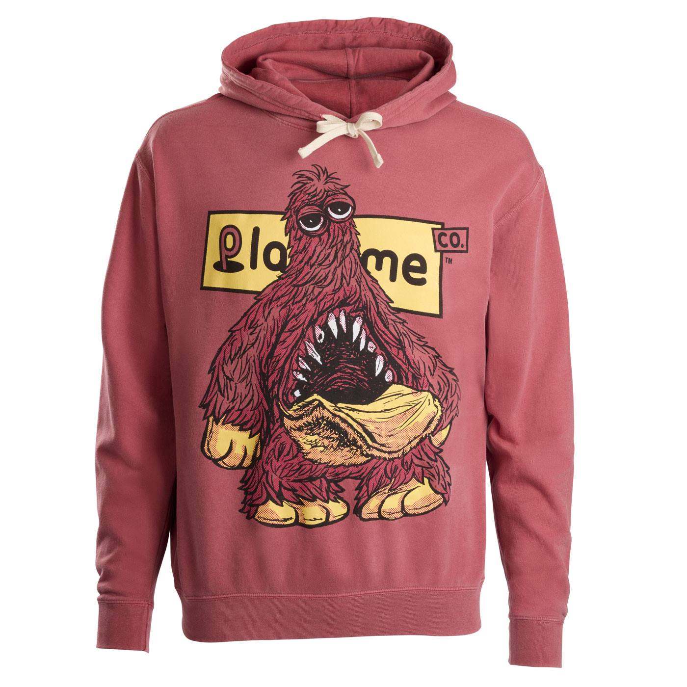 A dusty rose pink hoodie featuring a large graphic of 'Playtime Co.'  logo and Chum on the front, complete with a drawstring.