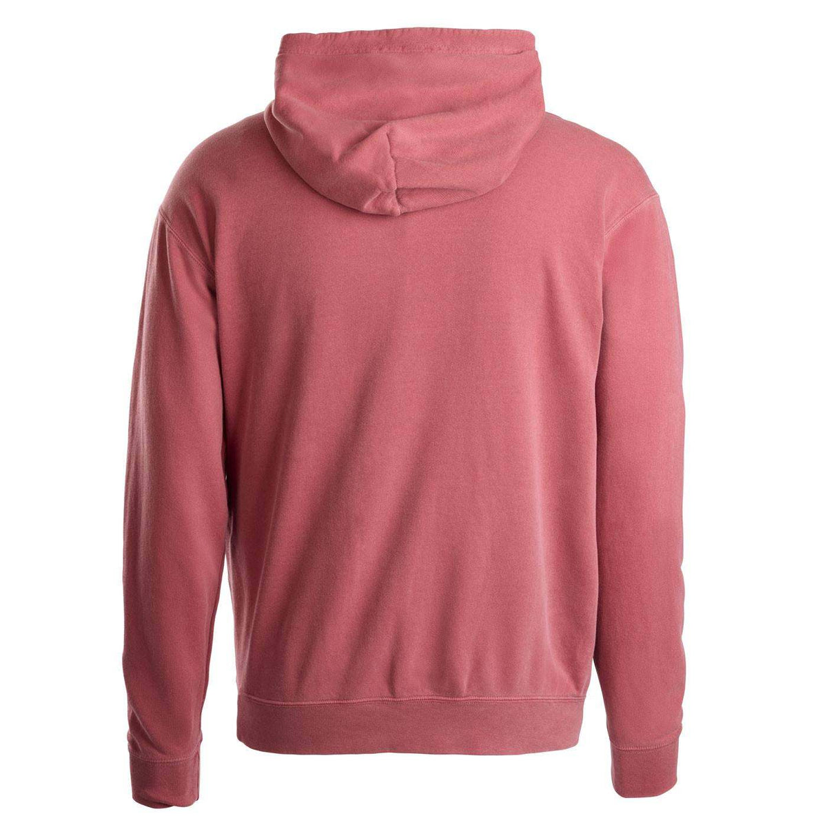 A dusty rose pink hoodie shown from the back, featuring a relaxed fit, ribbed cuffs, and a ribbed hem.