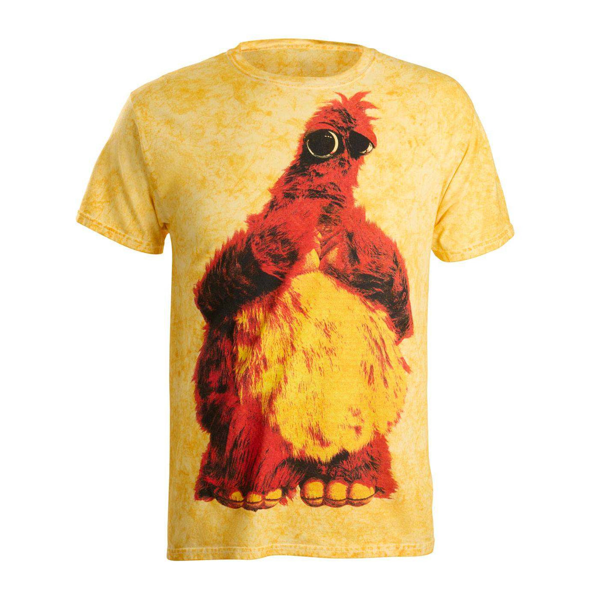 A yellow short-sleeve t-shirt featuring a large graphic print of a fluffy red and yellow creature names Chum.