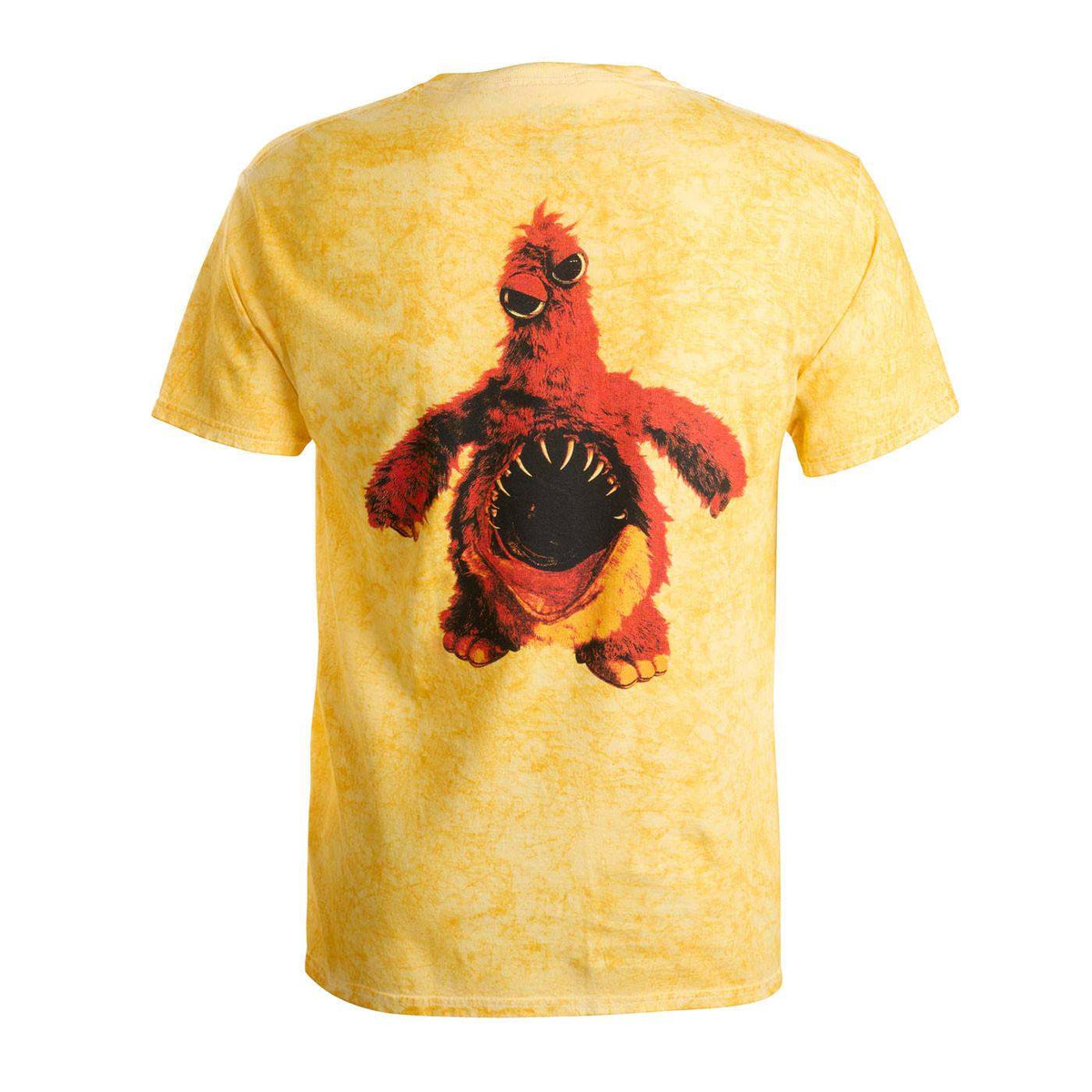 A yellow short-sleeve t-shirt with a distressed, mottled texture, featuring a large graphic of a red furry monster name Chum.