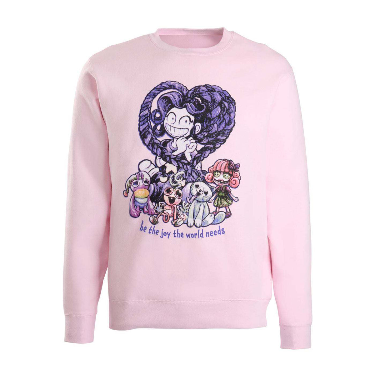 A light pink crewneck sweatshirt featuring a colorful graphic print of a cartoon character and several small characters below, with the text 'be the joy the world needs' printed underneath.