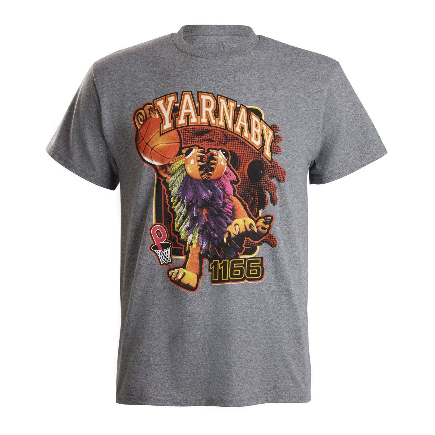 A heather gray short-sleeve crewneck t-shirt featuring a colorful graphic of Yarnaby, with the text 'YARNABY' and '1166'.