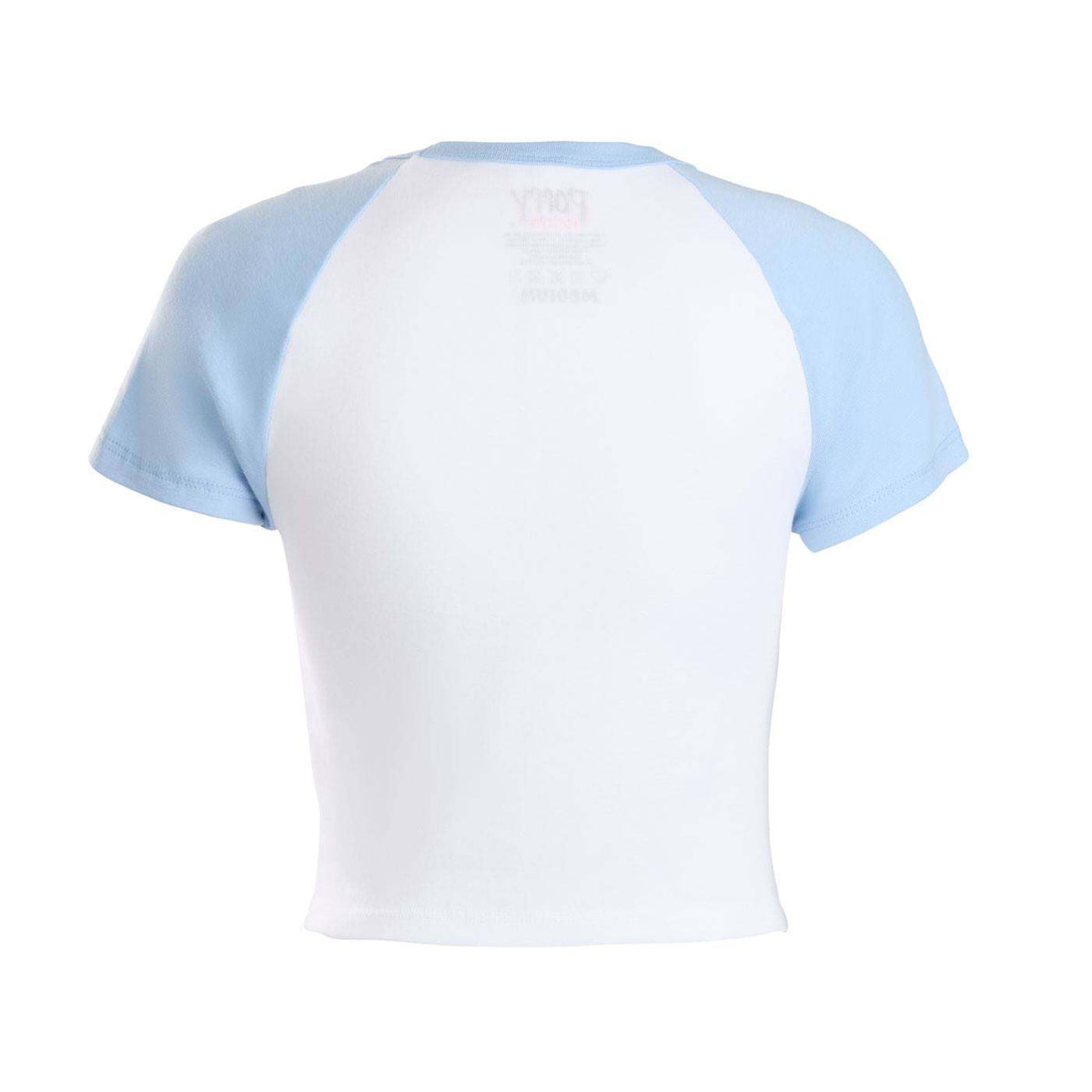 A short-sleeve crop top t-shirt with a white body and light blue raglan sleeves, shown from the back.